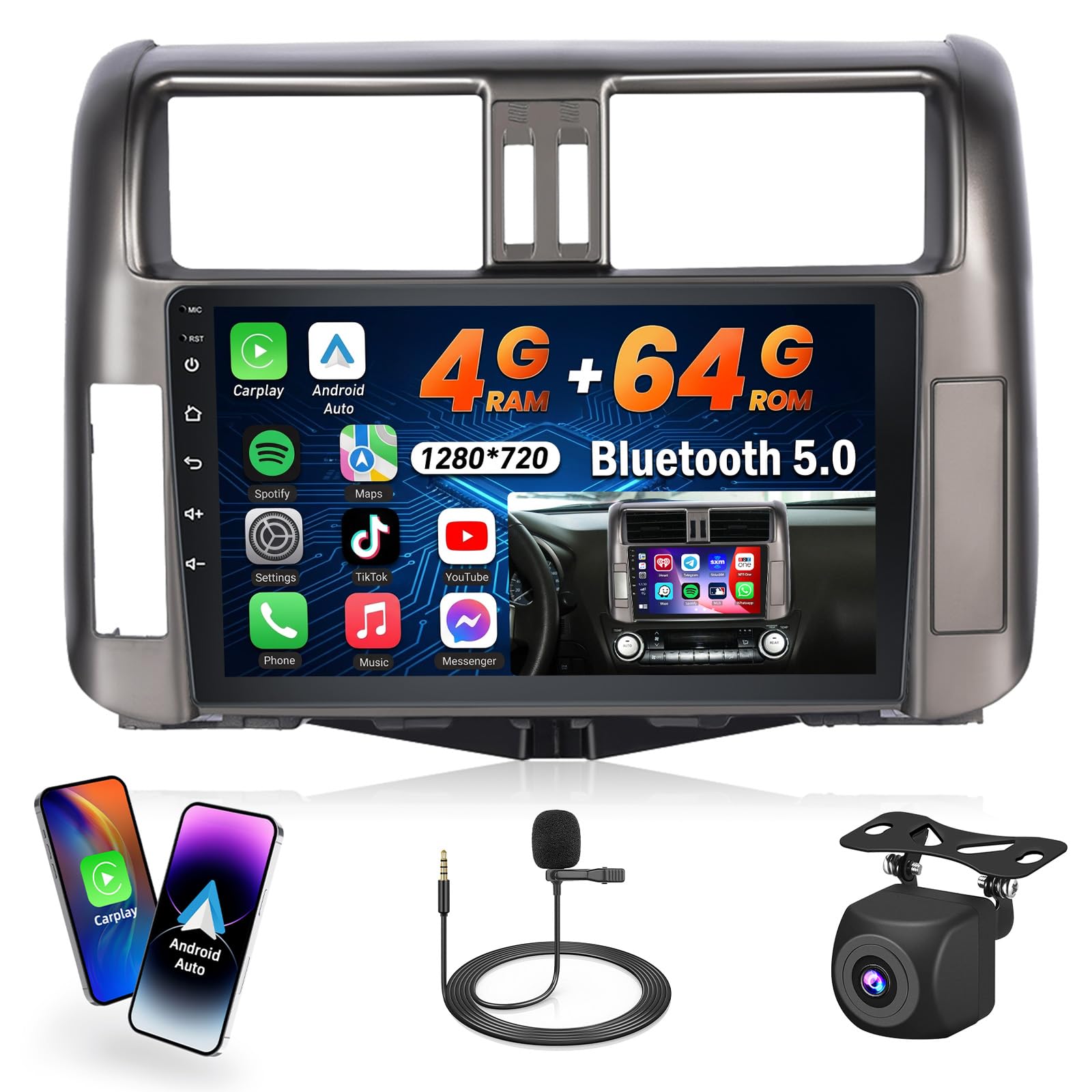 4+64G Car Radio for Toyota Land Cruiser Prado 2010-2013, 9 inch 1280 * 720P Touch Screen Bluetooth Radio with Wireless Carplay/Bluetooth5.0/32EQ/GPS/