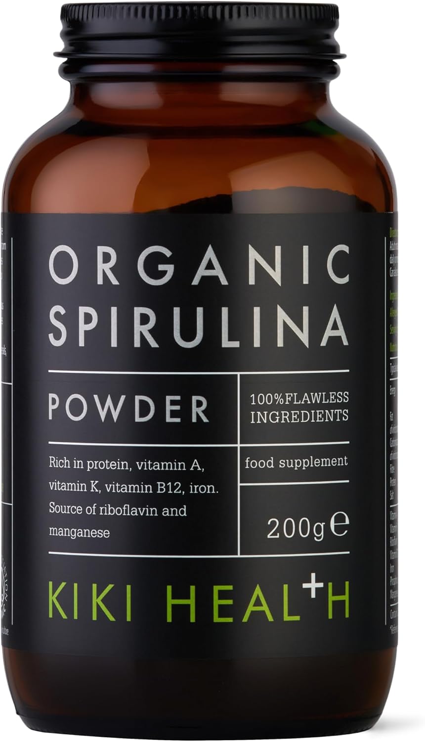KIKI Health – Organic Spirulina Powder – 100% Pure, Non-GMO, High in Vitamin B12 & Iron – Boosts Energy, Immunity, Detox & Vitality – Rich in Antioxidants & Chlorophyll – 200g