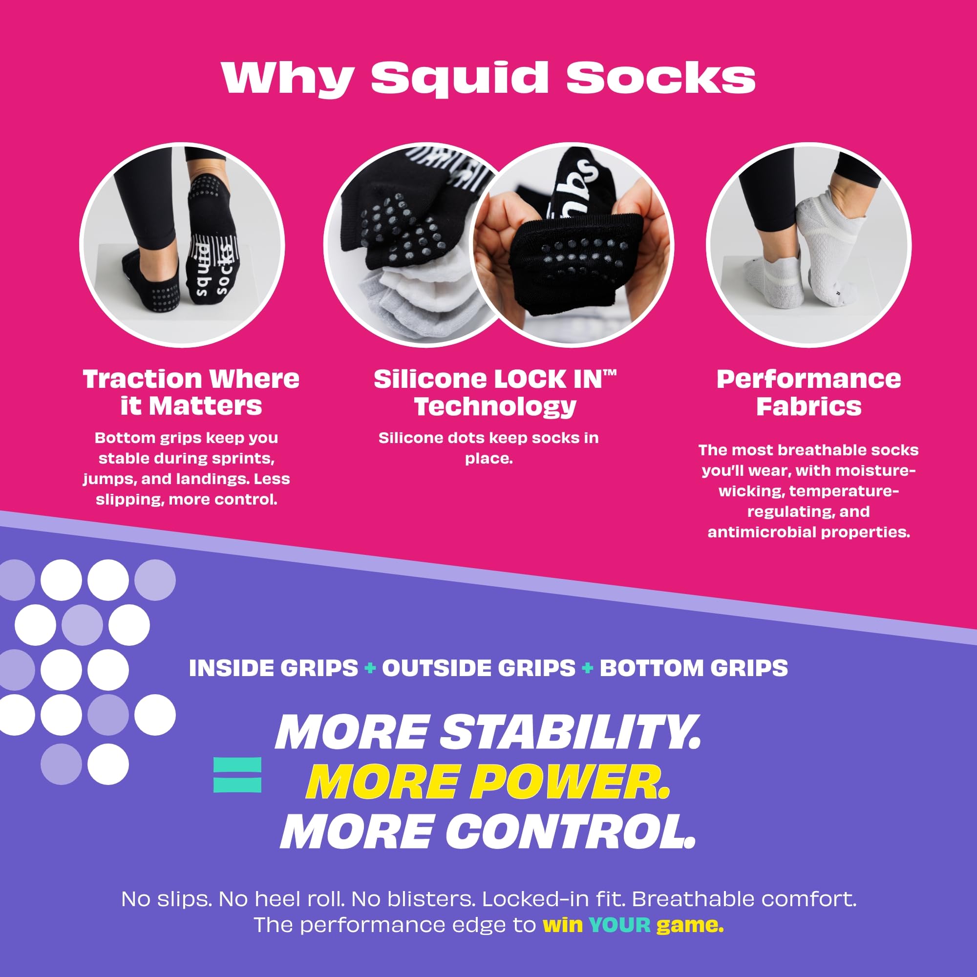 squid socks Rutschfeste Knöchelsocken, atmungsaktiv, rutschfest, mit LOCK IN-Technologie, Erwachsene und Jugendliche, Größe S, M, L
