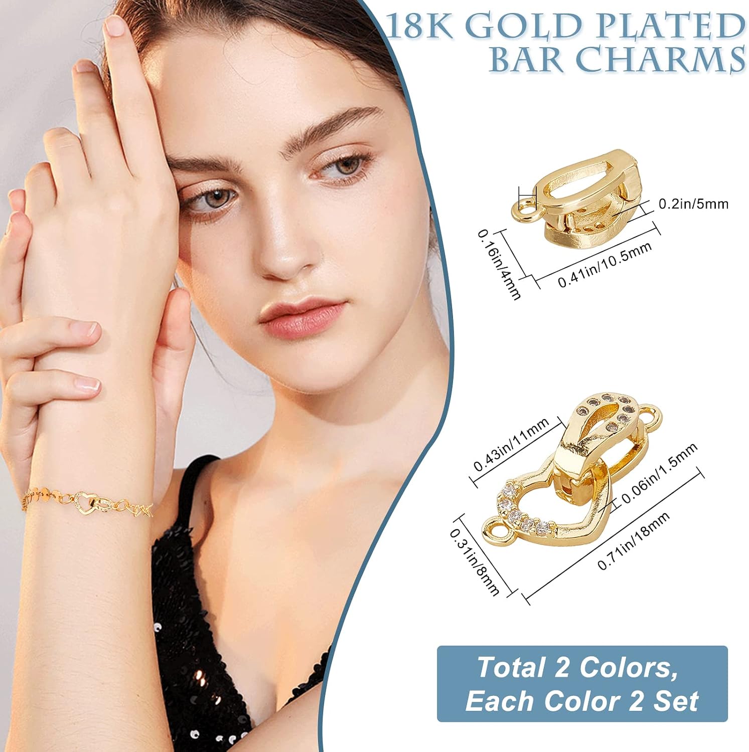 Beebeecraft 4 Sets 18K Gold Plated Brass Micro Pave Cubic Zirconia Fold Over Clasps Platinum Plated Rhinestone Foldover Extension Clasp Heart Oval Extenders for DIY Necklace Bracelet Jewelry Making