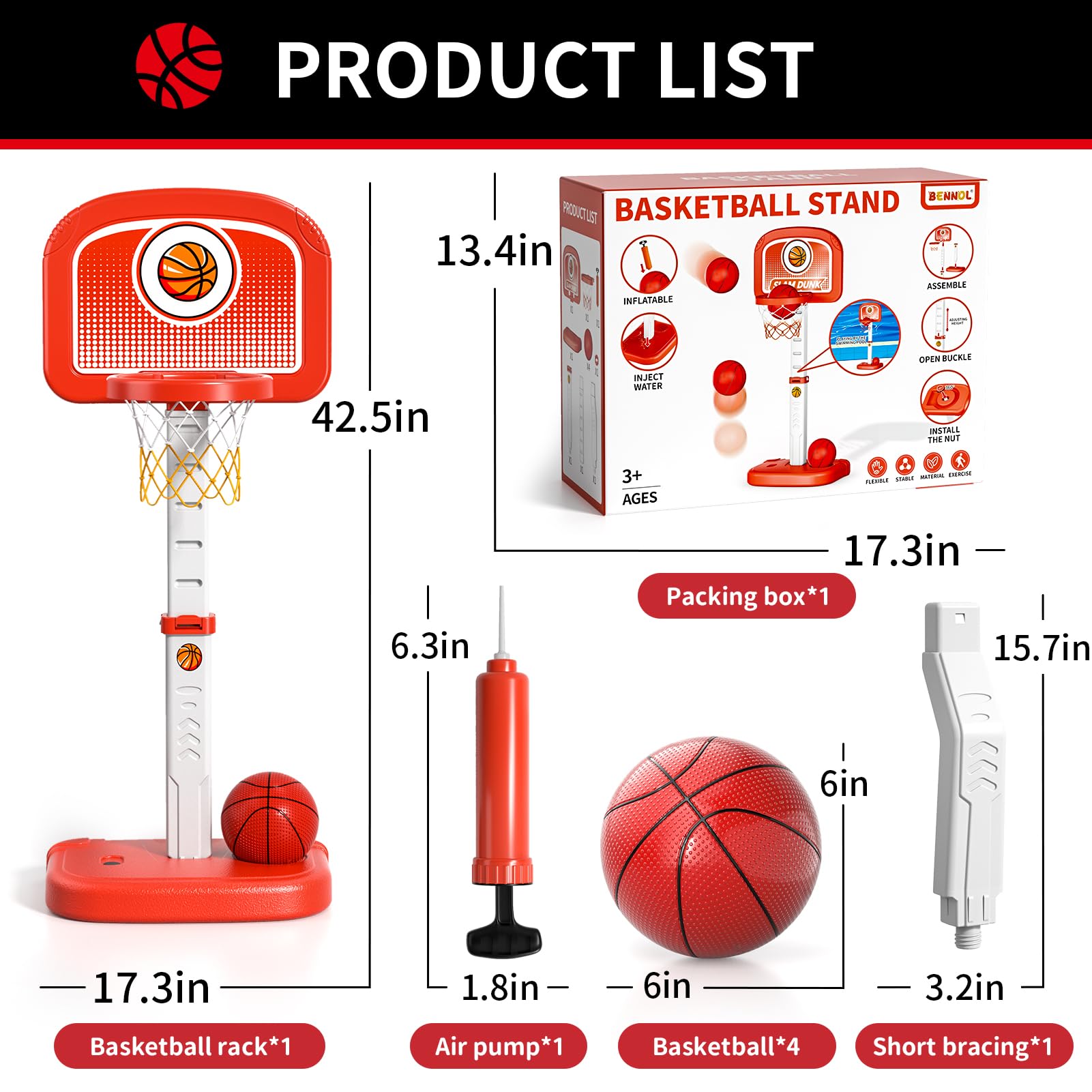 Bennol Outdoor Basketball Hoop Toys for Toddlers 3 4 5 6 7 8-12 Years Boys, Swimming Pool Basketball Hoop Outside Toys with 4 Balls, Poolside Basketball Game Toy for Kids Ages 4-8 8-12