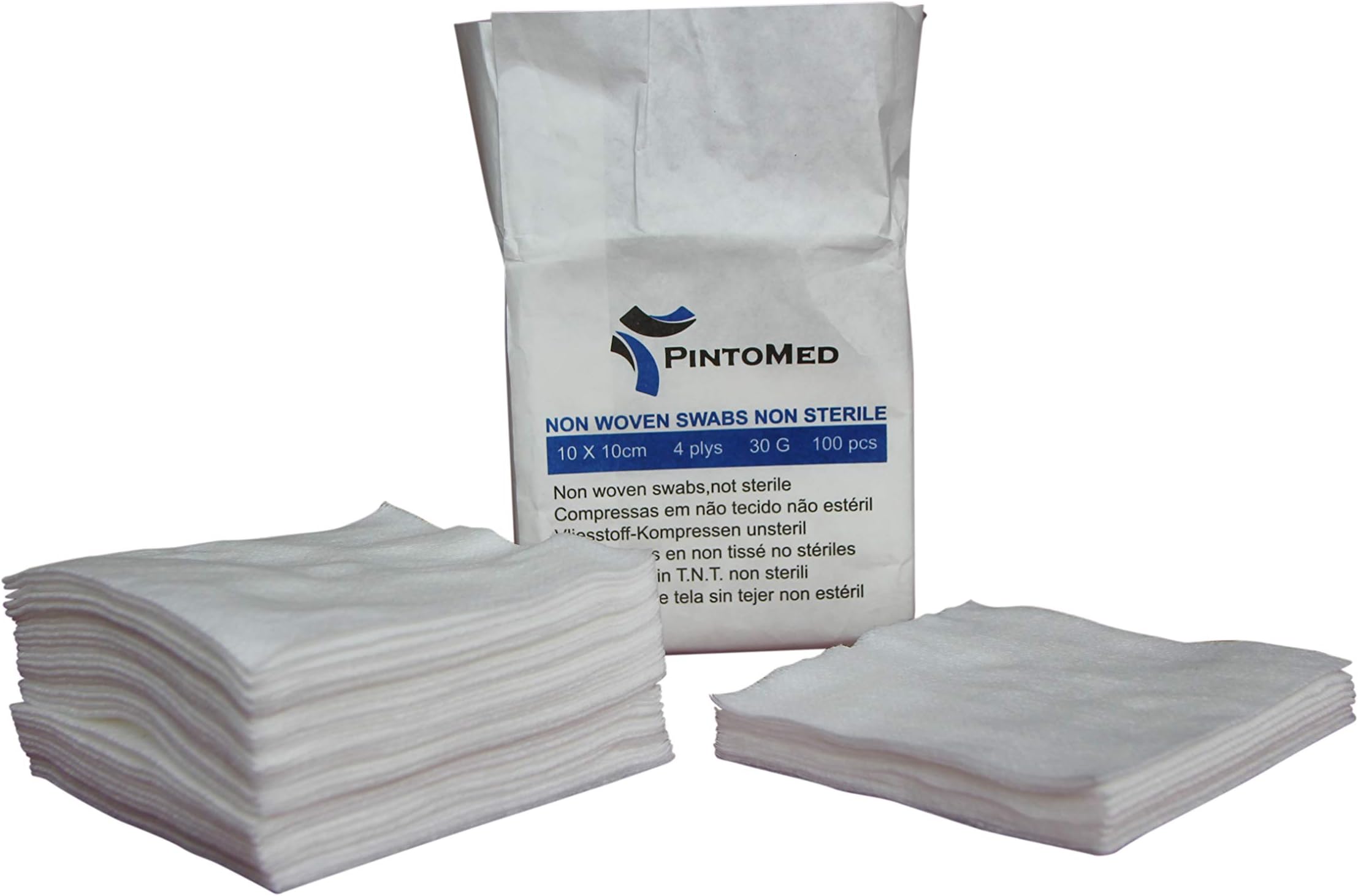 PintoMed - Non-Woven Swabs, Soft Wound Care, Absorbent, First Aid, Non-Sterile 10cm X 10cm 4Plys - Pack of 100 Pcs