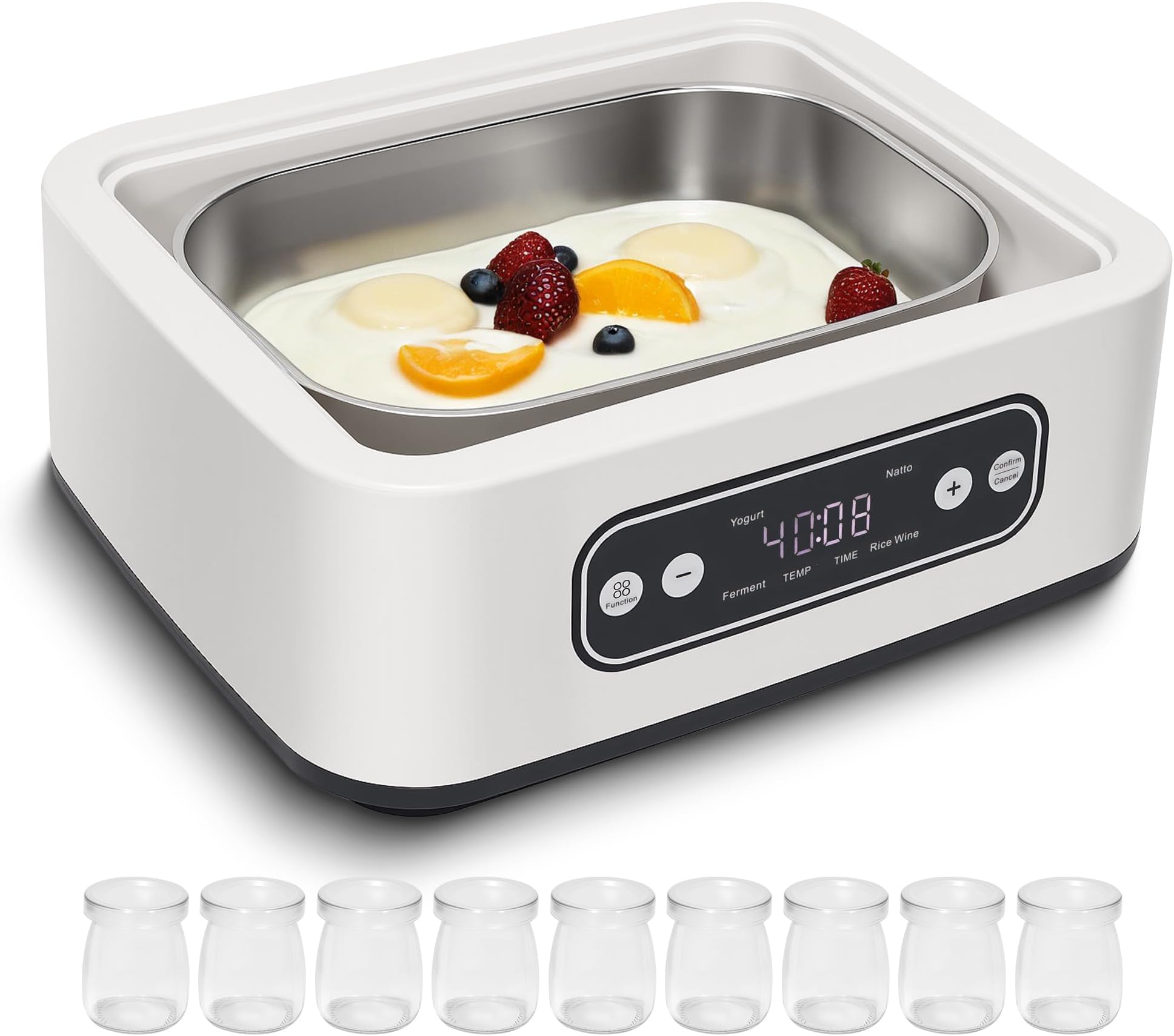 1.7-Quart Yogurt Maker with Adjust Temp(21°C-48°C/70°F-118°F) & Time(1-99h),110V-240V Auto-adaptive,Steel Inner Pot,BPA-free,Celsius Increment,Real-Time Countdown LED Display (Addition 9 Jars)