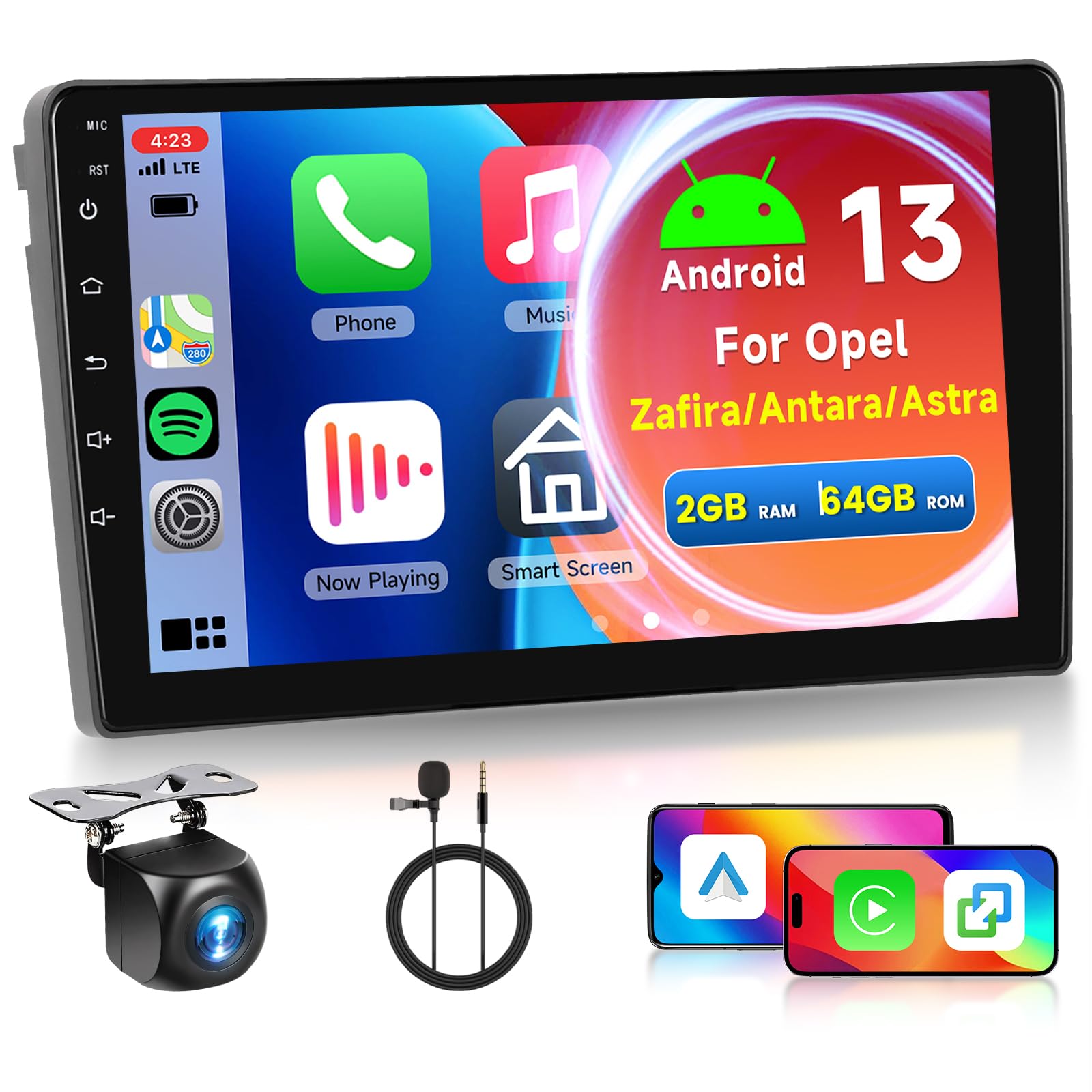 2GB 64GB Android Autoradio per Opel Astra/Zafira/Antara 2006-2010 Radio Wireless Carplay Android Auto, Hodozzy 9 Pollici Touch Screen, Navigazione GPS WiFi, Bluetooth,FM/RDS EQ, 2 Din Radio per Opel