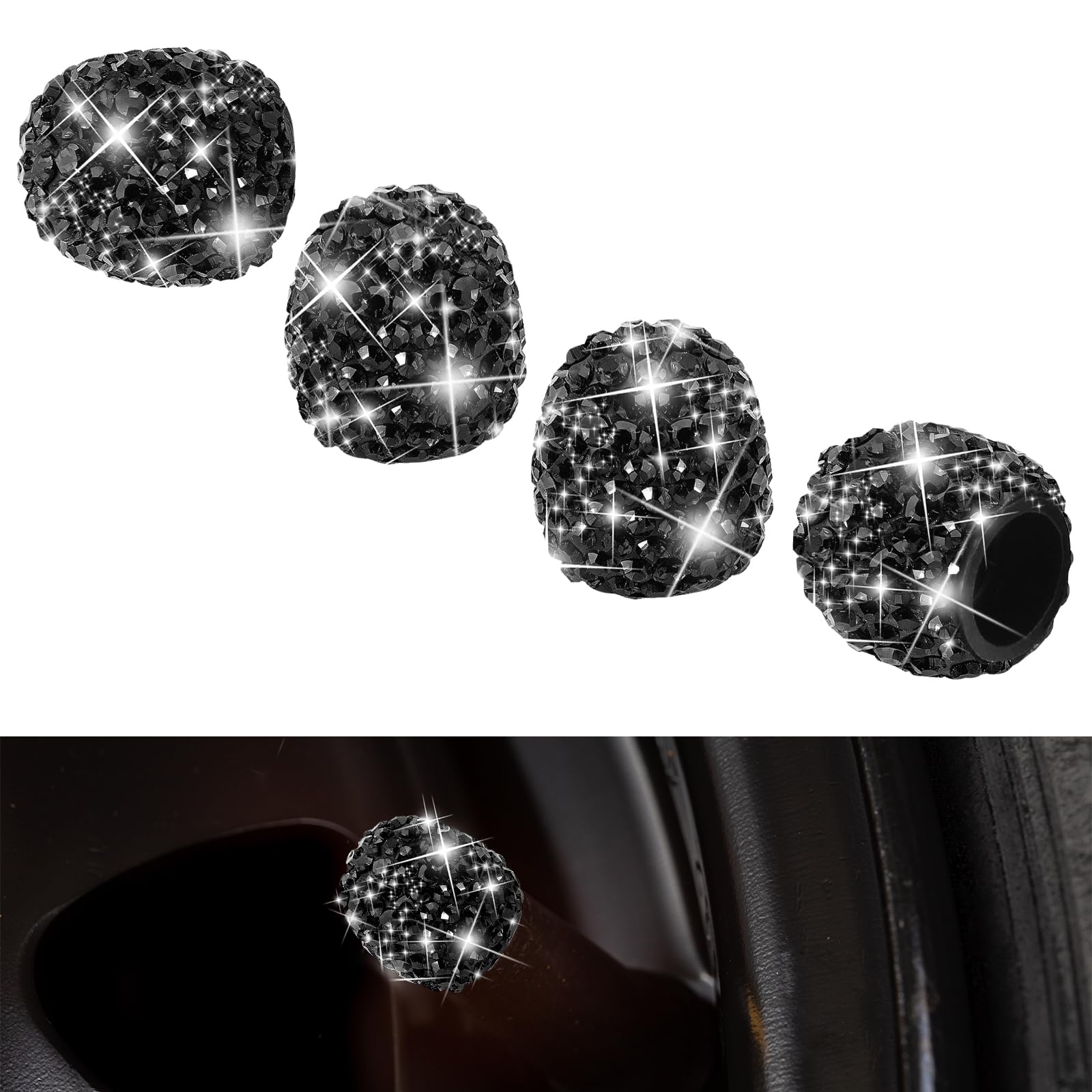 4Stück Ventilkappen Auto,Universelle Kristall Diamant Glitzer Strass Reifenventilkappen,Strass Ventilkappen Fahrrad,Ventilschaftdekoration für Autos,Kfz-Reifenventilstecker mit Strasssteinen (Schwarz)