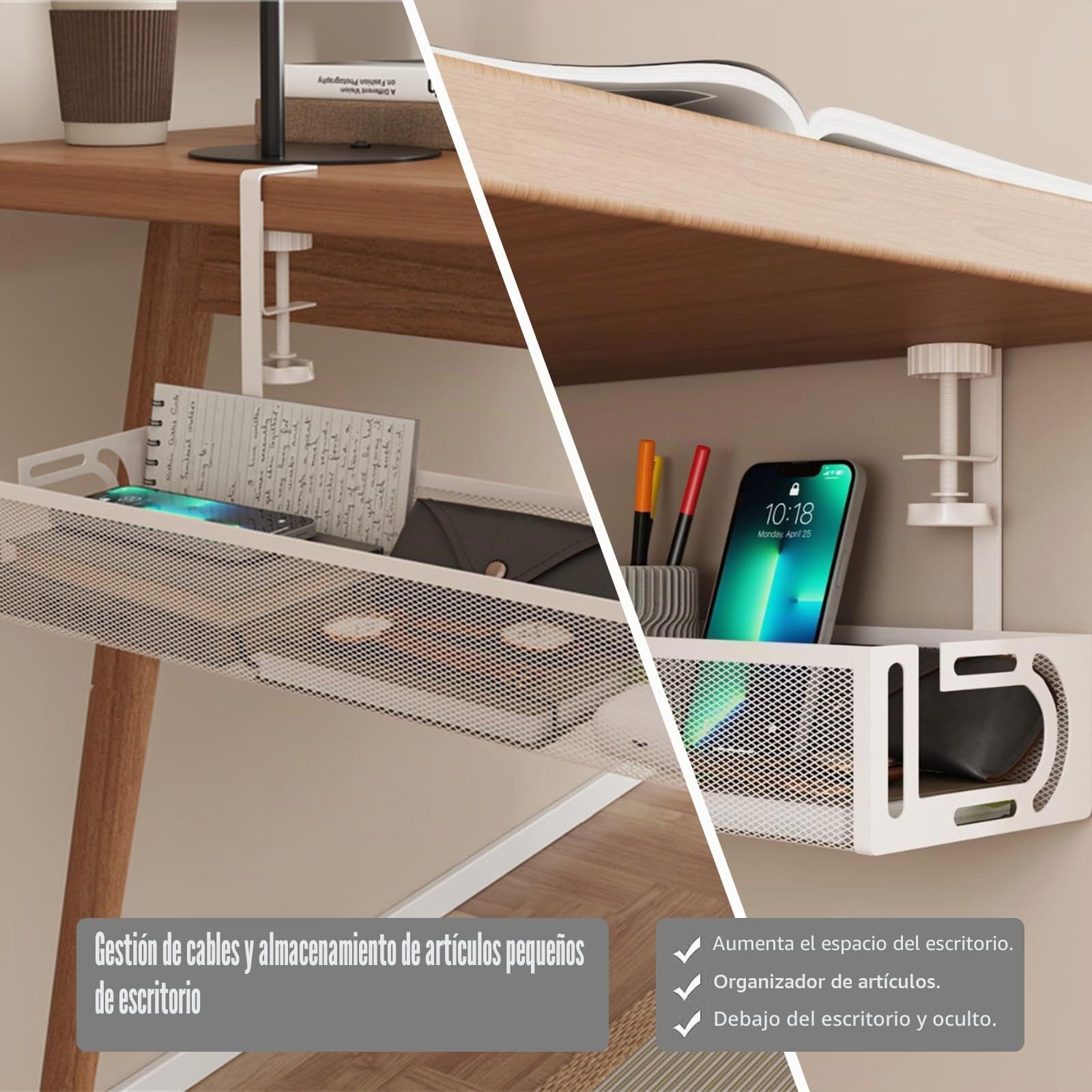 Bandeja de gestión de Cables para Debajo del Escritorio, Organizador de Cables sin Taladro, Bandeja de Cables Ajustable y retráctil, fácil de Instalar, solución de Cables para el hogar u -1 Paquete