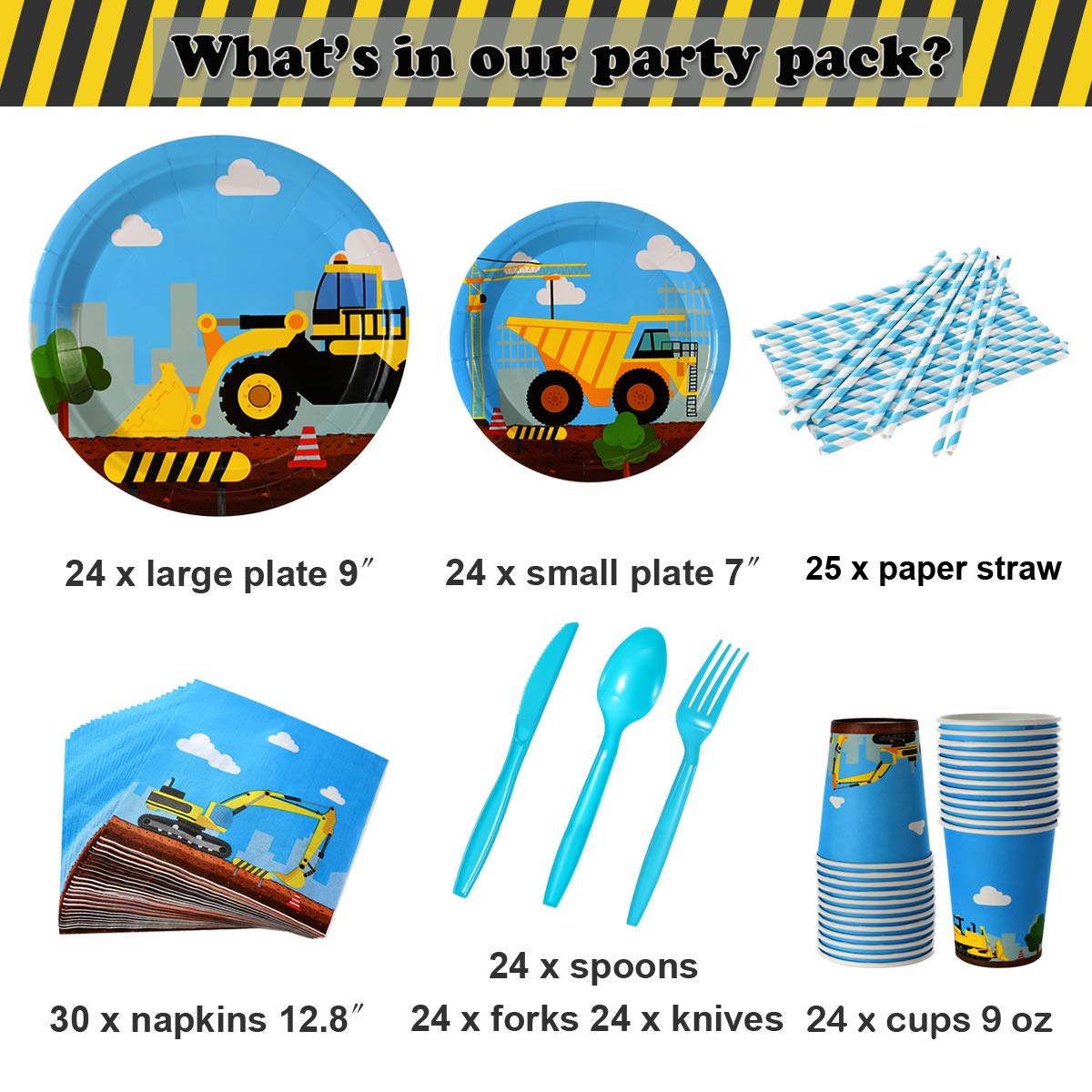 Construction Birthday Party Supplies Set – 193 pcs -Truck Birthday Party Decorations – Includes Dump Truck Party Plates, Cups, Straws, Napkins, Knives, Spoons, Forks