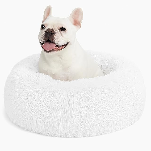 SEOUGEE Cama calmante para perros, cama redonda de felpa mullida para gatos, acogedora, suave, lavable