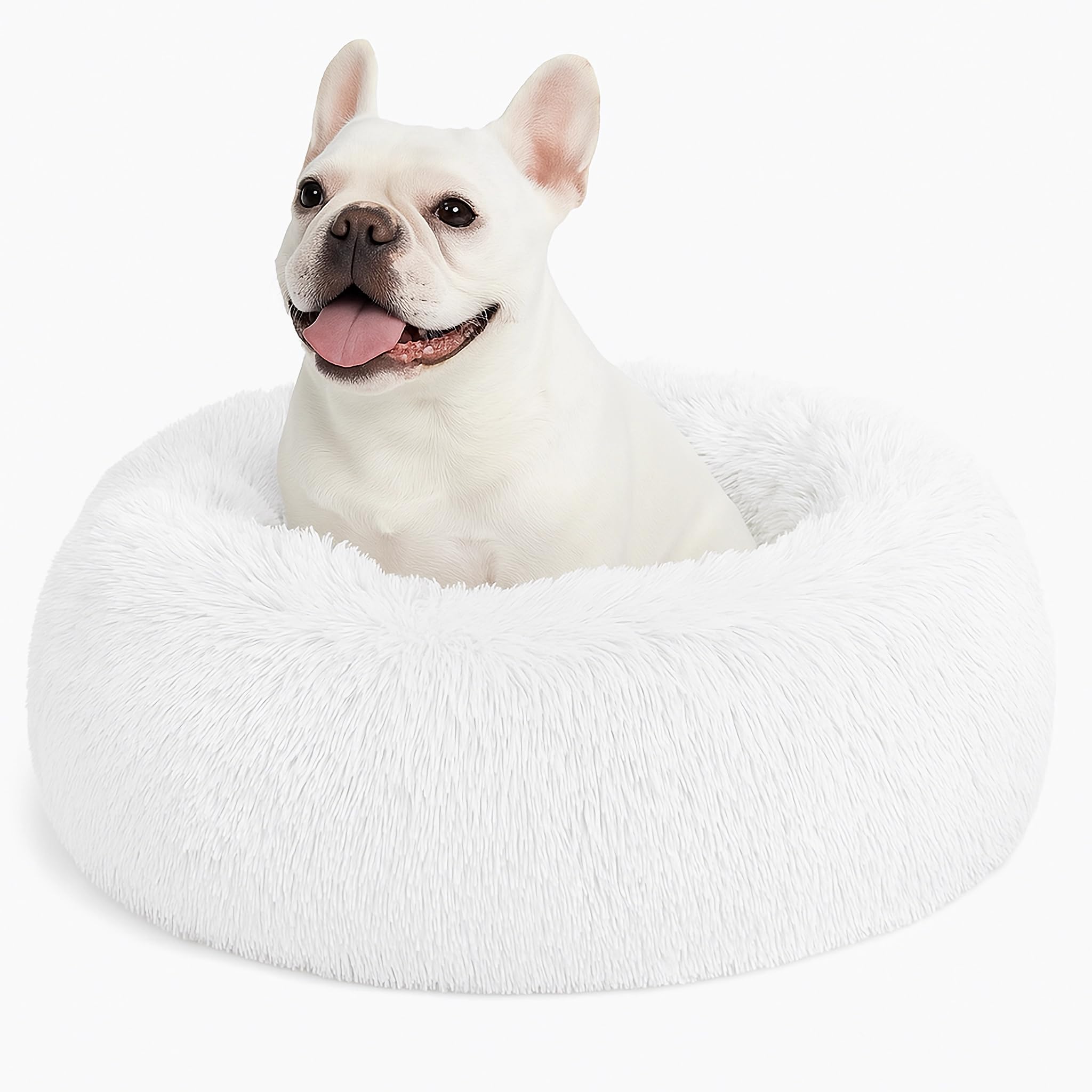 SEOUGEE Calming Donut Dog Bed, Fluffy Plush Round Cat Bed, Cosy Soft Washable Cushion Self-Warming Pet Beds with Non-Slip Bottom, Indoor Sleeping Cuddler Nest for Small Medium Dogs (White 60cm)