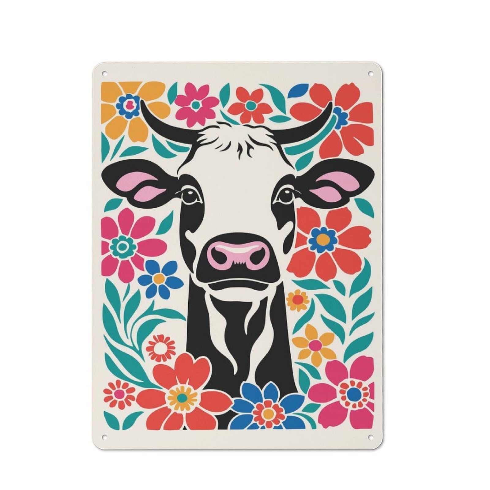 Junmoney Style-24 Farmhouse Rustic Metal Sign 40X30cm Featuring Cute Cow In Flowers, Farmhouse Wall Decor For Dining Room, Cafe, Entryway Or Family Room