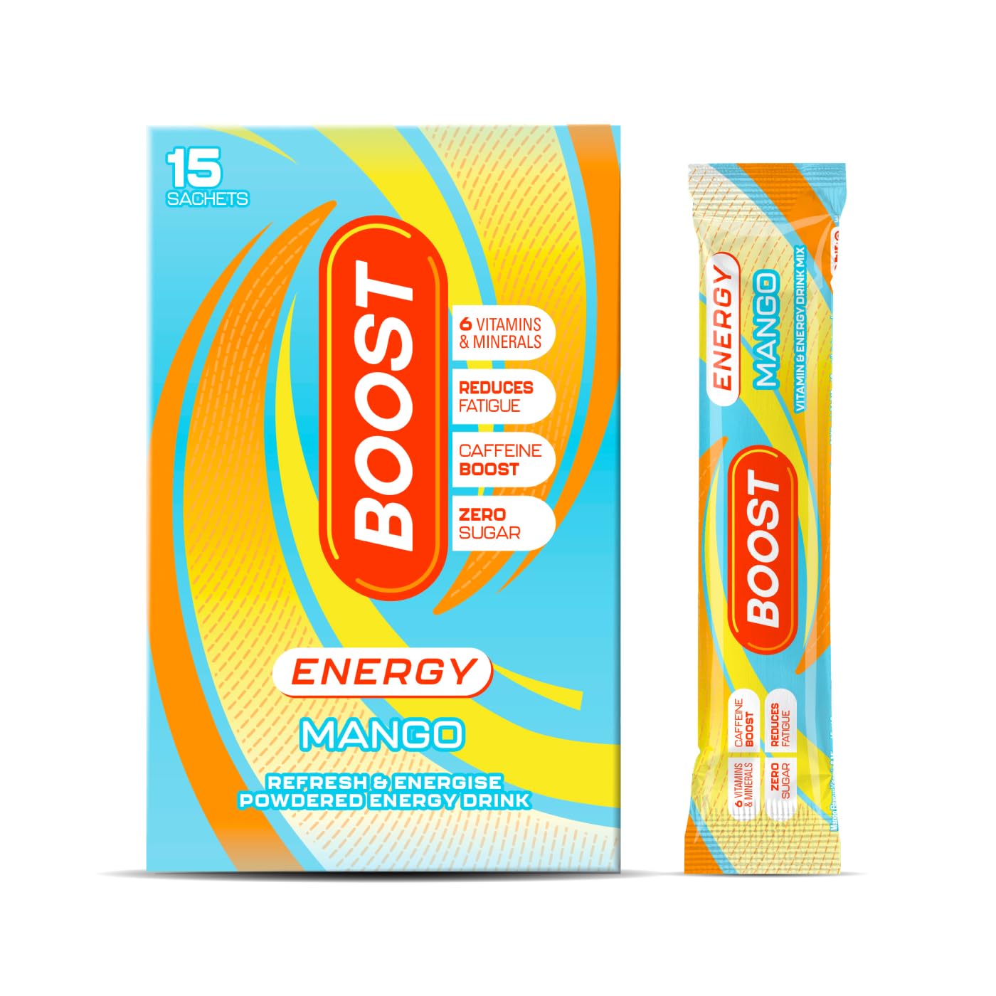 Boost Energy and Hydration Powder - Mango Flavour - 15x Pack Sachets - Sugar Free Caffeine Energy Drink Powder with Vitamins, Mineral & Zinc for Energised Hydration - Suitable for Vegans