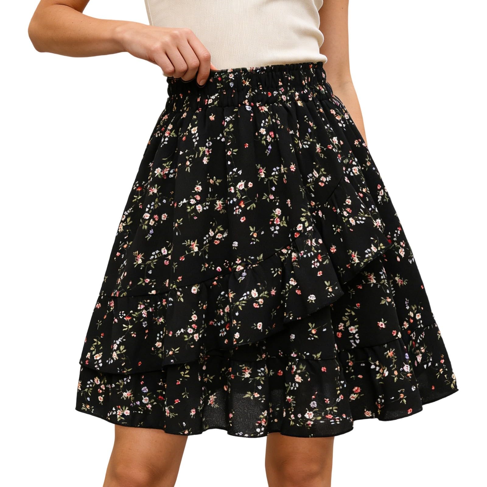 Jupe Boheme Femme Taille Élastique- Jupe Ete Imprimé Florale Évasé Volants Superposés Trapèze Chic Et Elegant Décontracté D'été Fluide Léger Comfortable Tous Les Jours De Plage Skirt