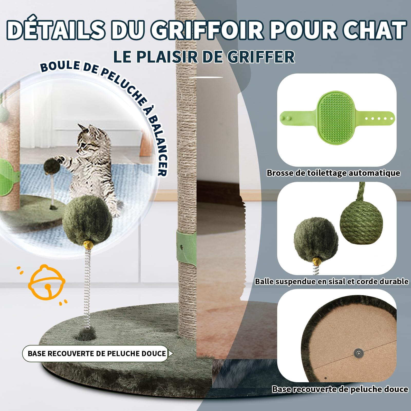 Meowoou 84 cm Griffoir pour Chat, Grattoir Chat d'intérieur Adultes et Chatons, Grand Griffe avec Corde en Sisal, Arbre Mignon avec Balle Suspendue