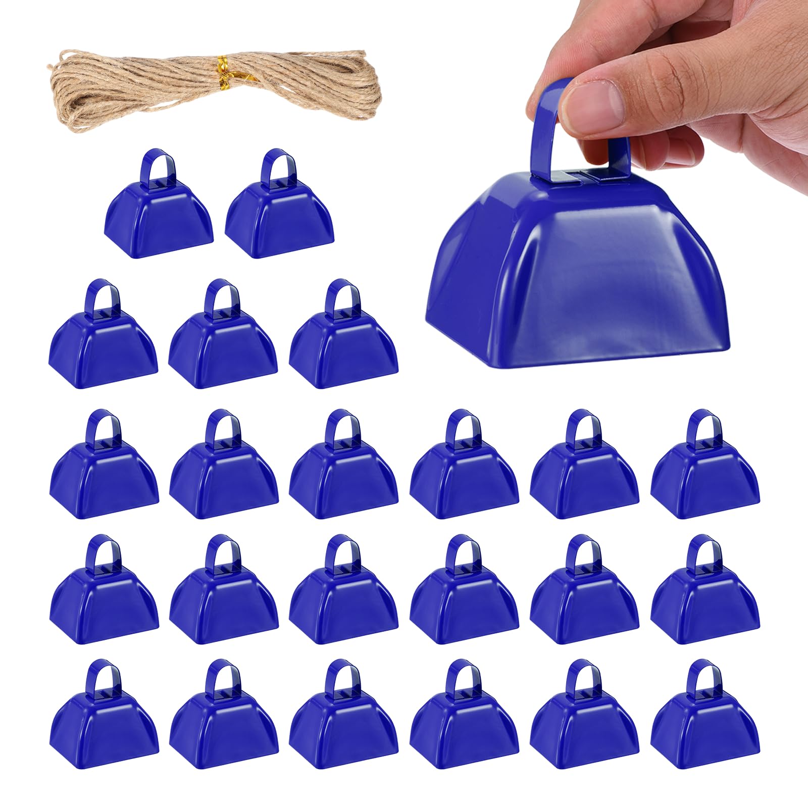 PATIKIL 24pcs Cow Bells for Football Games 3 Inch Cowbells for Sporting Events Bulk Loud Noise Makers Metal Cow Bell with Rope for Cheering Wedding Blue