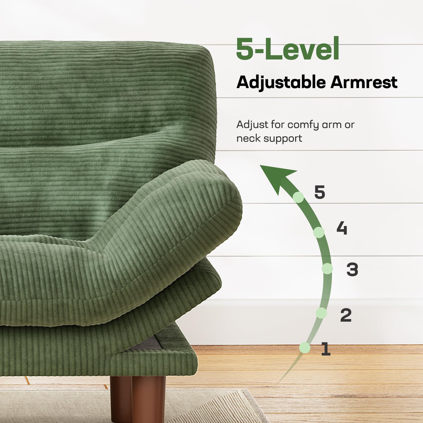 Marsail 66" Futon Sofa Bed, Futon Couch with Adjustable Backrest & Armrests, Convertible Sleeper Sofa Bed for Apartment, Living Room, Office, Corduroy Loveseat, Green