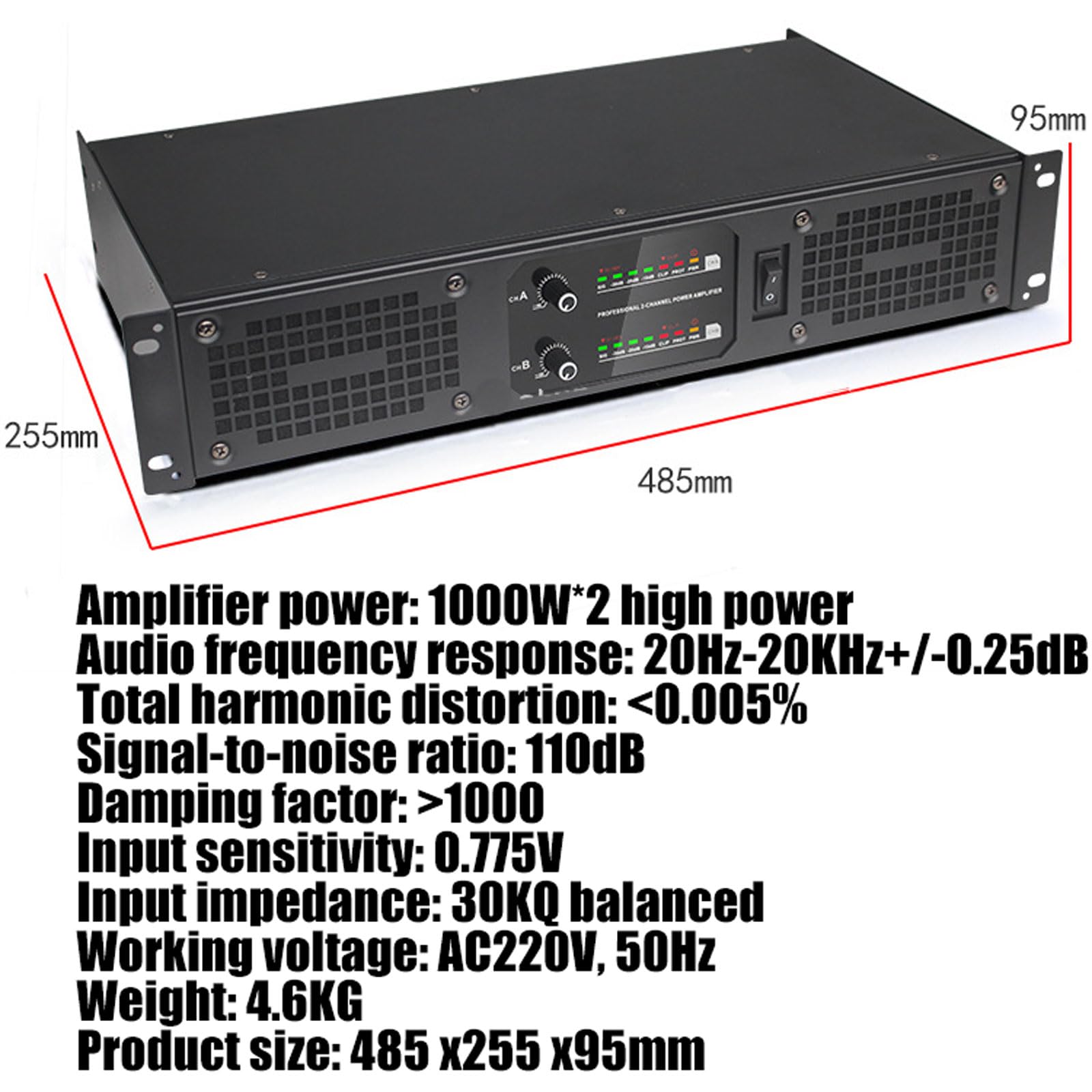 Amplificatore di Potenza Professionale da 1000 W X 2, Amplificatore Audio Domestico con Luci a Spettro Colorato, Uscita Indipendente a Doppio Canale, 2 Ventole di Raffreddamento