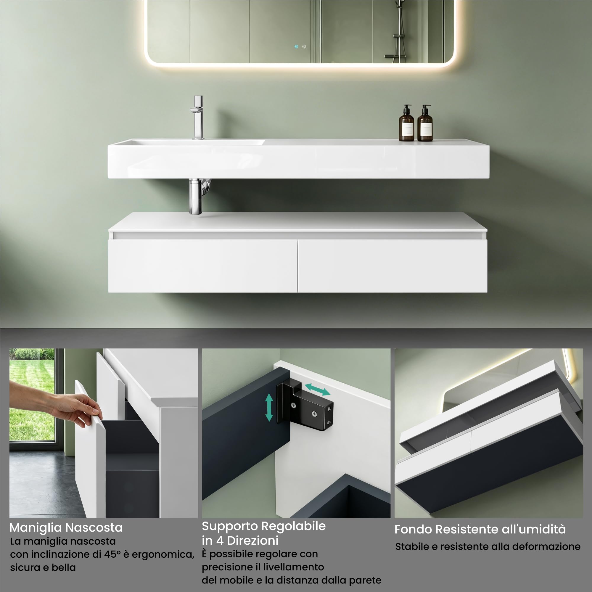 Mai & Mai Mobile Bagno Sospeso Lavabo Bianco, Larghezza: 150cm | Mobile da Bagno, Cassetti a Chiusura Soft-Close, Up