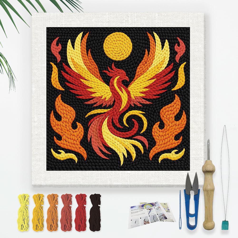 DOODLREAM Fire Phoenix Punch Needle Kit for Beginner, 24x24cm Mythical Stitching Craft Set, DIY Embroidery Starter with Printed Frame, Instruction, Threader, Yarn, Pinch Needle