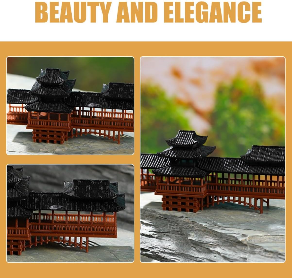 Miniature Japanese Garden Pavilion Bridge Landscape Ornament for Fish Tank Decor Traditional Chinese Architecture Design Weather-Resistant Plastic