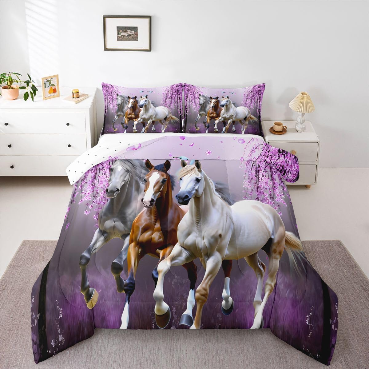 Feelyou Girls Horse Twin Size Comforter Set Cherry Blossom Galloping Horse Bedding Set for Kids Boys Teens Western Duvet Comforter Floral Animal Decor Gifts for Girls Quilt Set Bedroom,Purple - Image 5