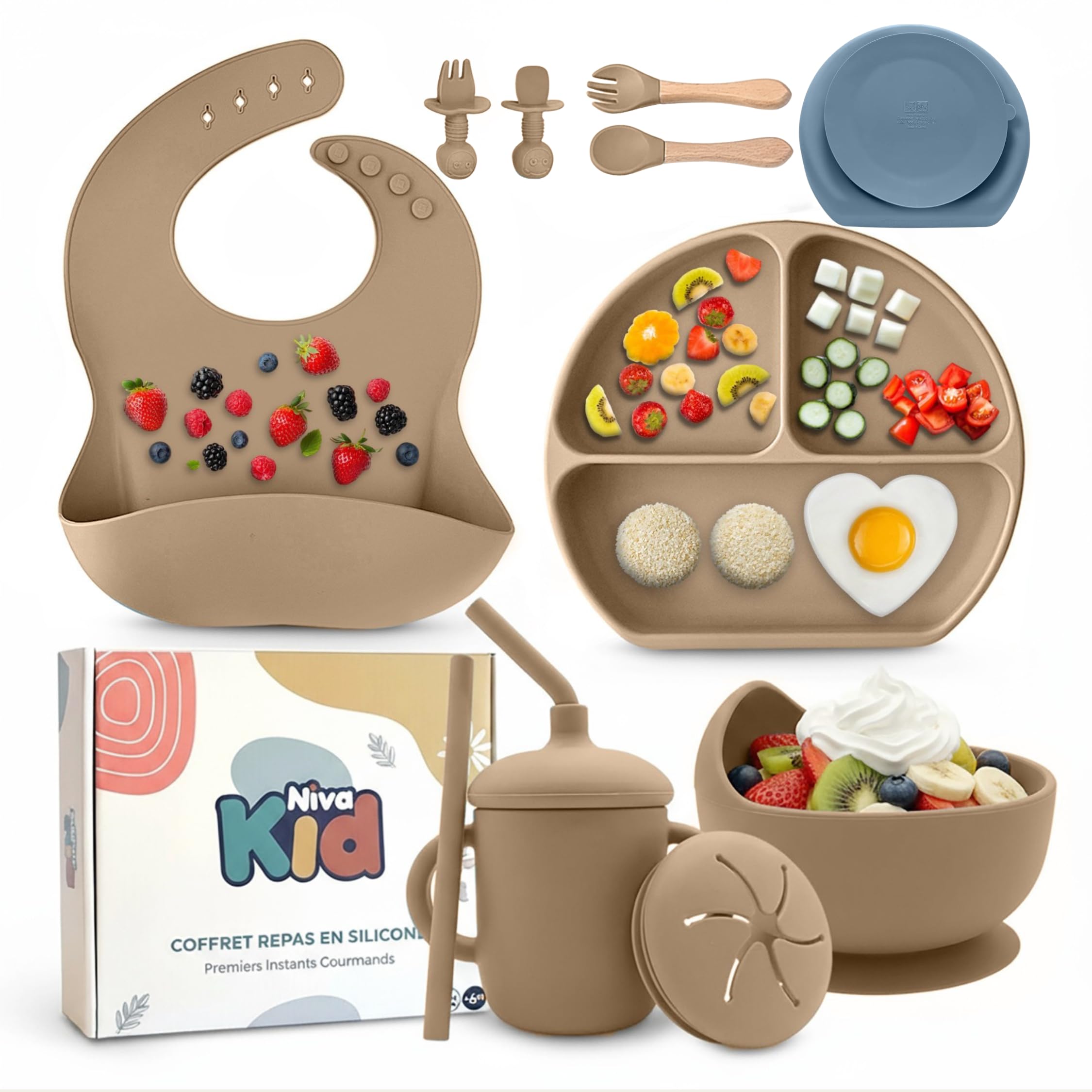 Coffret Repas Bébé Silicone Set Vaisselle 1er Âge Assiette Ventouse Cuillère Bavoir Tasse Sans BPA DME Bébé Beige