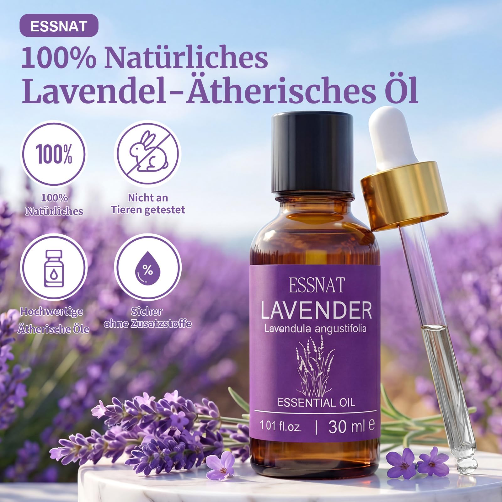 Olio Essenziale Lavanda 30 ml – olio essenziale di lavanda 100% naturale, da Lavandula angustifolia, ideale per aromaterapia, diffusore di oli essenziali, massaggi e progetti fai da te