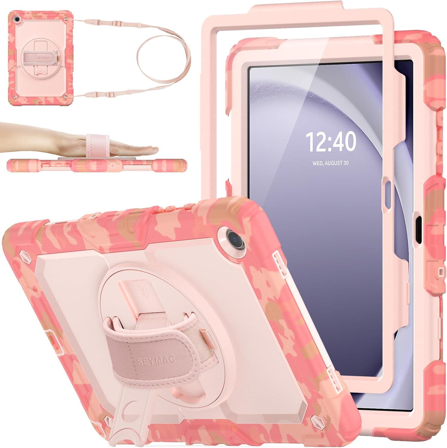 SEYMAC stock Case for Samsung Galaxy Tab A9+ Plus 11'', Full-Body Drop Protection Case with Screen Protector Pencil Holder [360° Rotating Hand Strap] &Stand, Pink Camo A9+ Plus 11'' Pink Camo