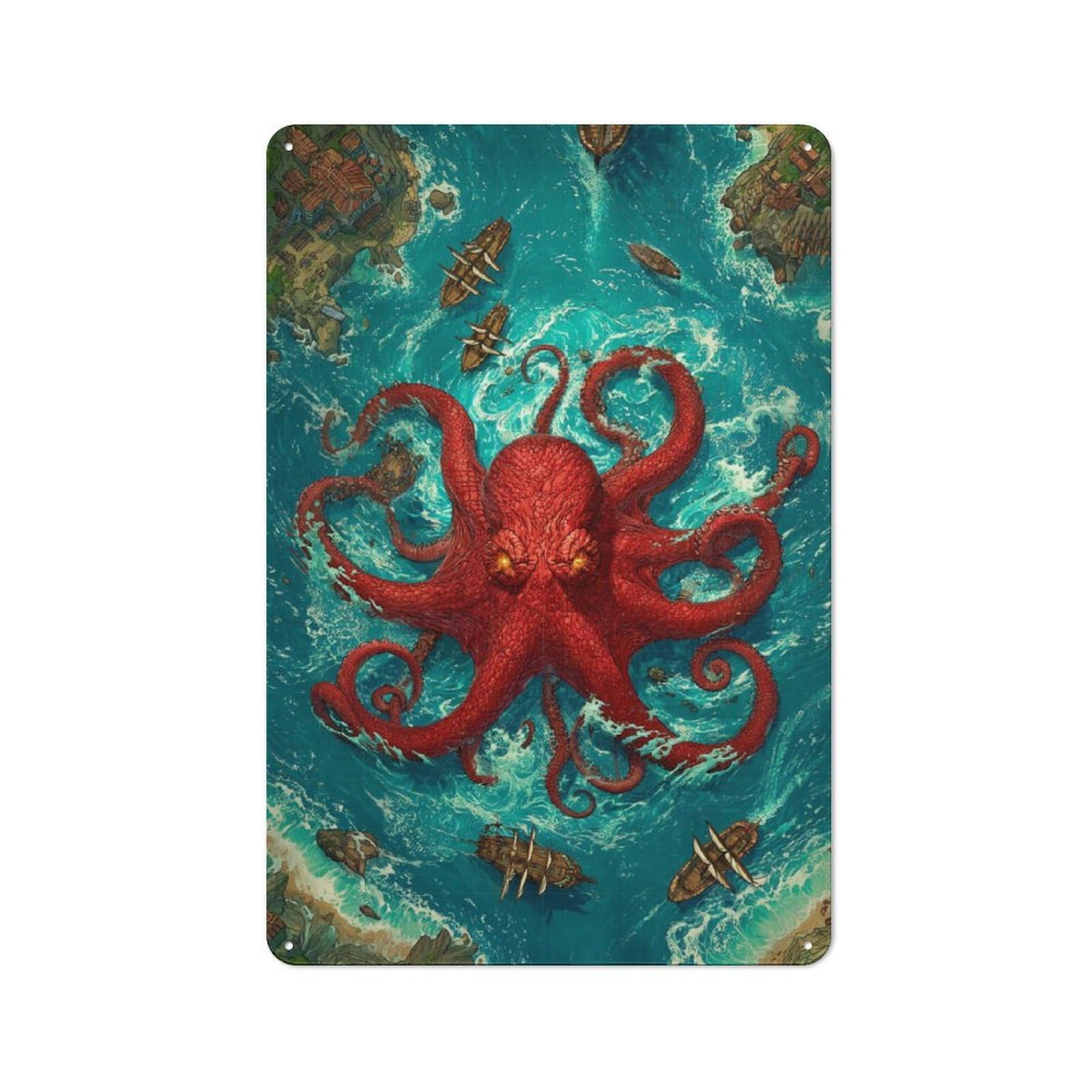 Junmoney Kraken's Wrath Sea Chaos Retro-Style Metal Sign 30X20cm For Studio Or Craft Room, Gift For Studio Decor Lovers During The Christmas Season