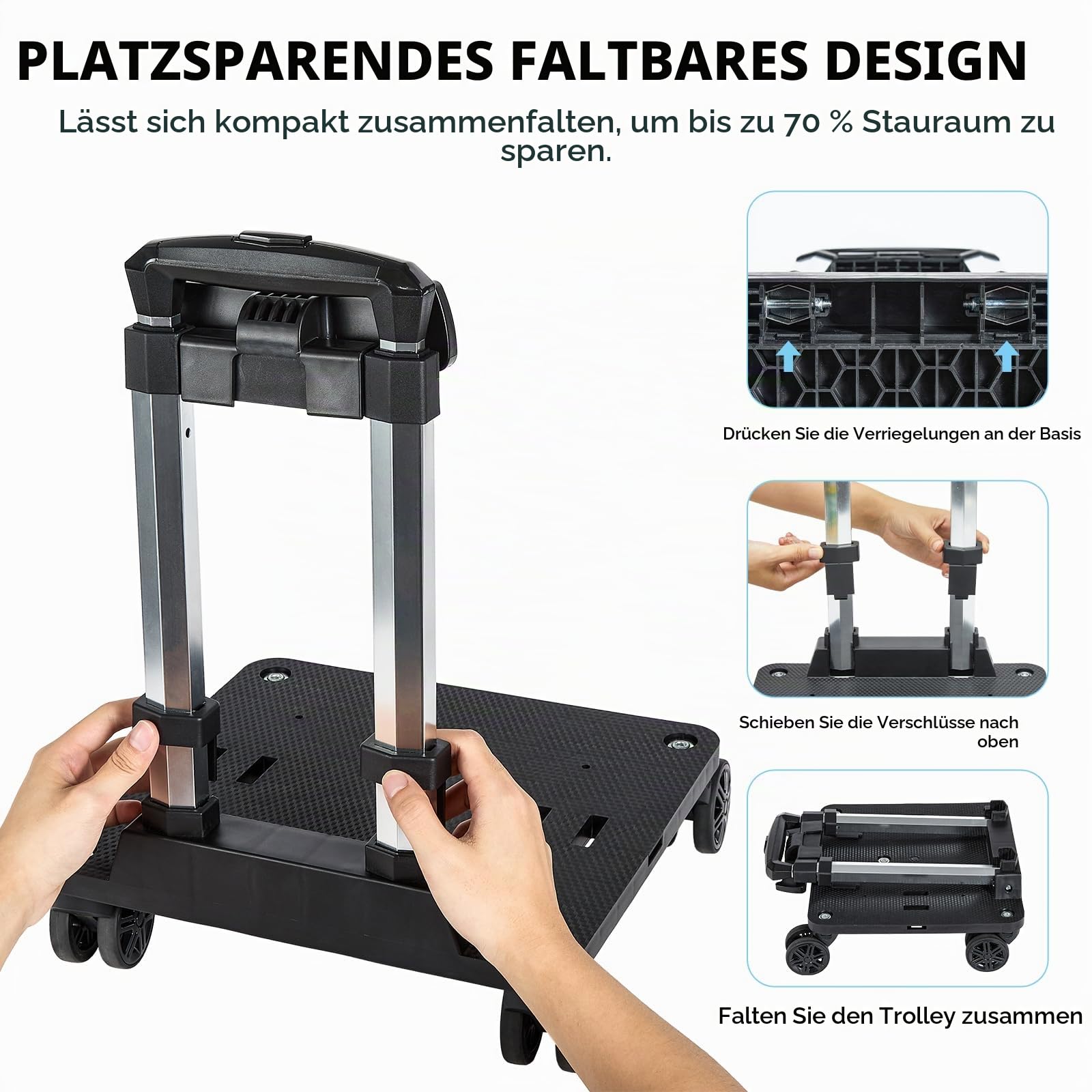 Amythe Faltbarer Trolley für Schulrucksack, 5 Räder Trolley mit 2 Gurten