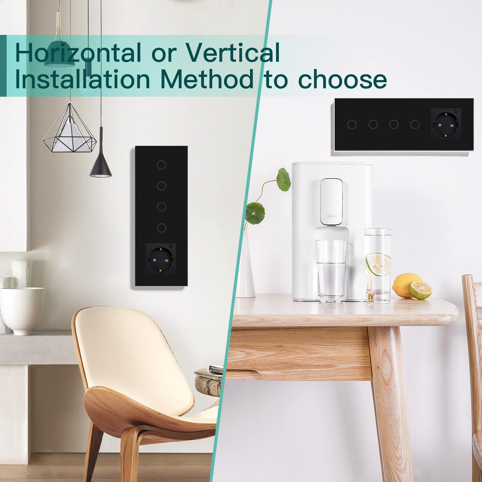 BSEED Schuko WLAN Steckdose mit Single Live Wifi Touch Schalter Wandsteckdose Unterputz Senkrecht aus Glas mit Doppelt Smart Alexa Lichtschalter(Kein Neutralleiter Erforderlich) 2 Fach 1 Weg Schwarz