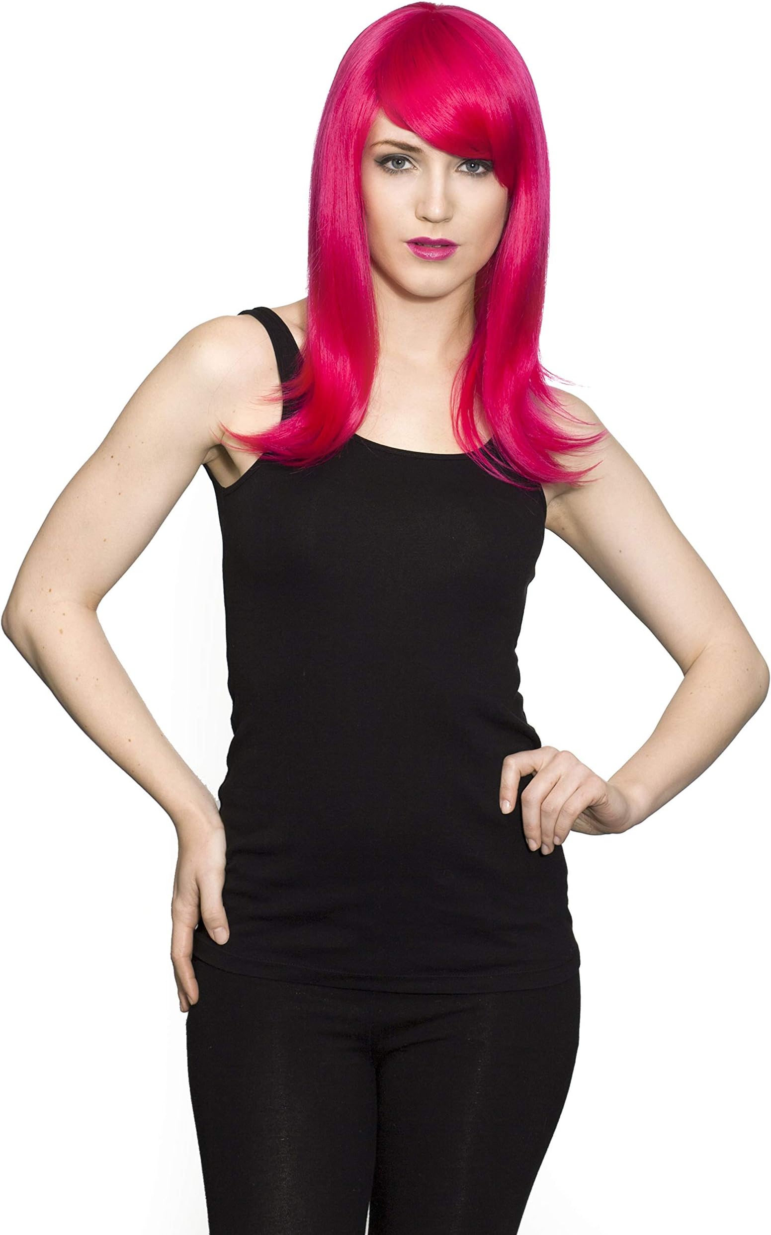 Hana Deluxe Party Girl Color Cherry - Enigma Wigs Women's Mid Length Hannah Montana Style Side Swept Bangs Bundle Cap, MaxWigs Costume Wig Care Guide
