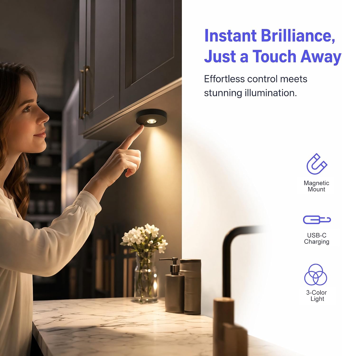 Rechargeable Magnetic Puck Lights, 3 Color Under Cabinet Lighting with Remote & Touch Control, Dimmable Temps/Timing, Wireless Stick-On Lights for Kitchen Shelf Pantry Black image 3
