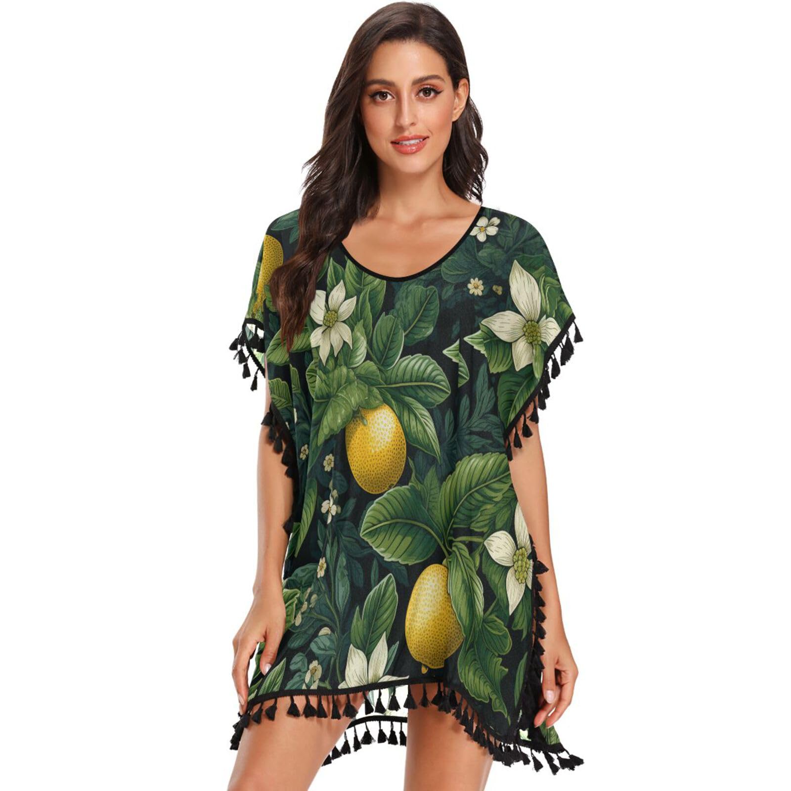 KAAVIYO Repeating Pattern Strawberry Lemons Women's Beach Cover Up Chiffon Tassel Swimwear Swimsuit Coverups for Girl
