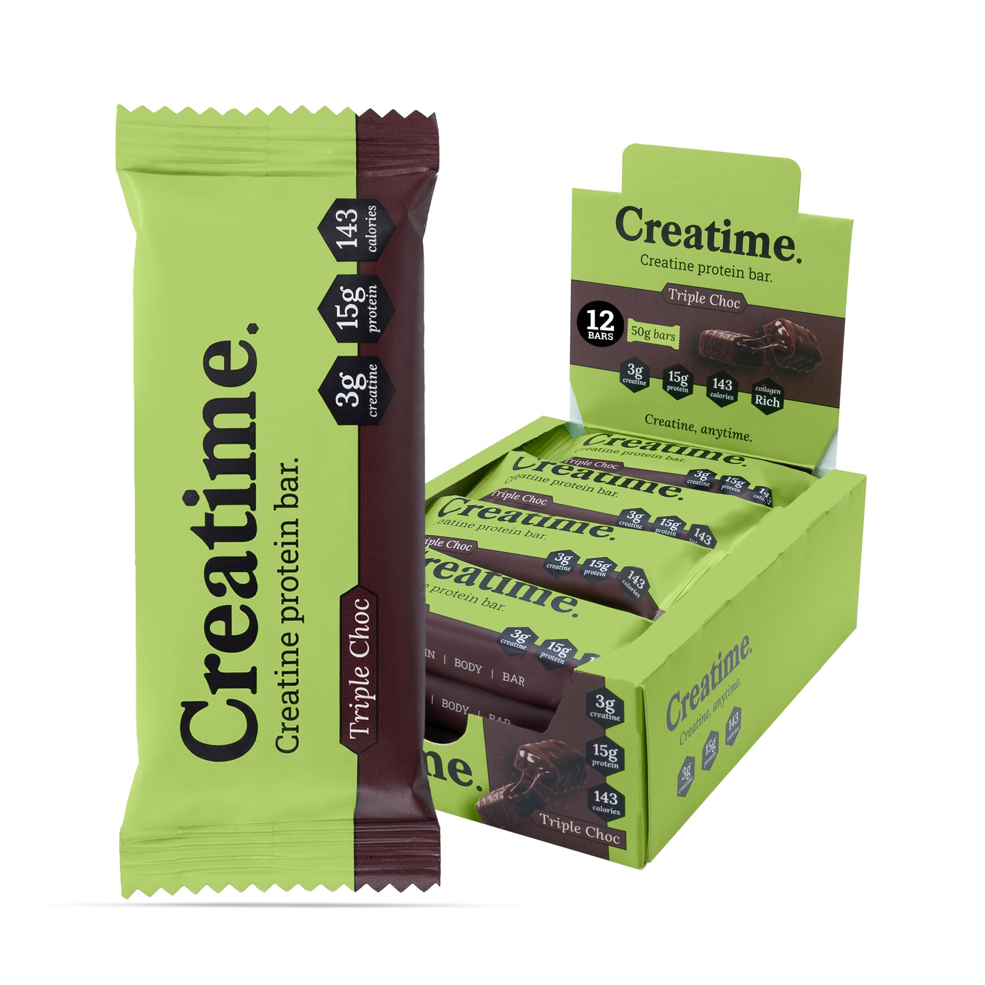 Creatine Protein Bars – High Protein, Low Sugar, Low Carb Snack with Collagen for Strength & Recovery – 15g Protein, 3g Creatine, 143 Calories – 50g x 12 (Triple Choc)