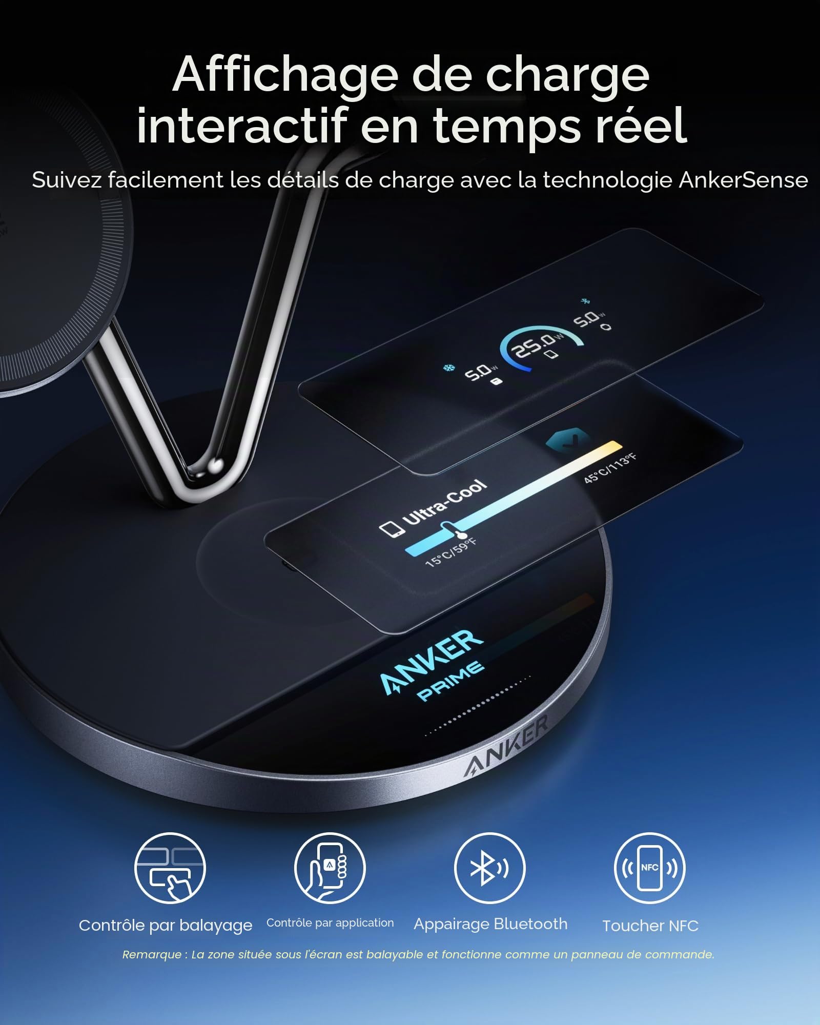 Anker Station de Charge 3 en 1 Compatible avec Prime MagSafe, Station de Charge sans Fil Qi2 25 W, écran Intelligent avec Refroidissement Actif TEC, pour iPhone 17, Apple Watch, AirPods, et Plus