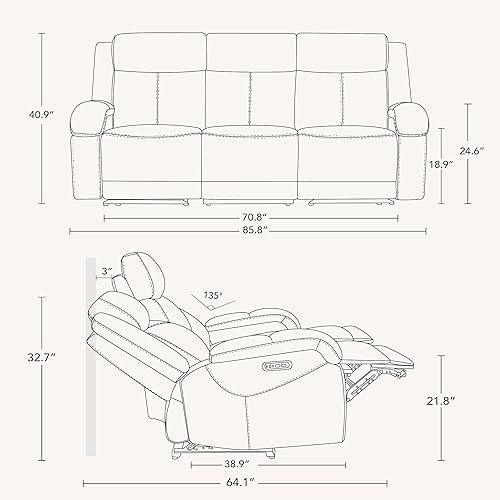 Miniatura 2 de Watson & Whitely Sofá reclinable eléctrico de piel auténtica, sofás reclinables de pared de 3 plazas con reposacabezas eléctrico, puertos USB y tipo