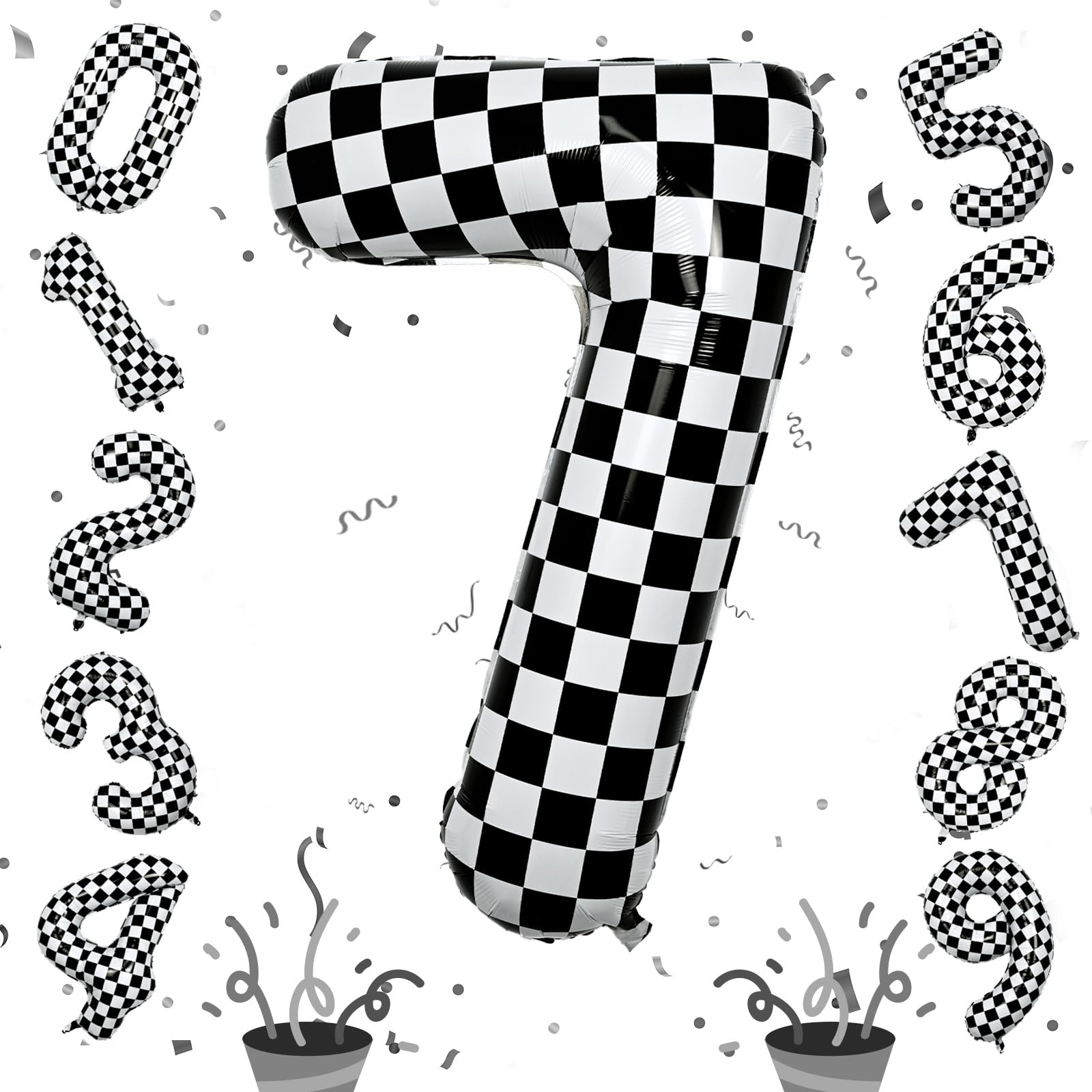 Number 7 Balloon for Boys, Giant Checkered Self Inflating Number 0-9 Set Decor for Girls, 40 Inch Foil Helium Black and White Racing 7 Balloon for 7th