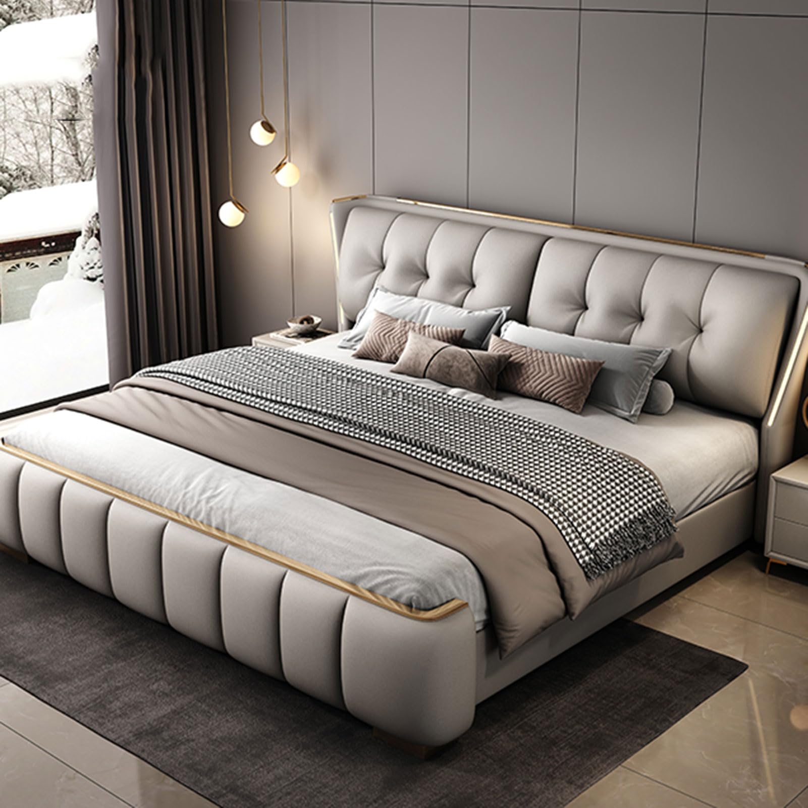 King Size Luxury Genuine Leather Bed Set Upholstered Platform Bed Frame with Wingback Headboard and Drawers Wooden Slats