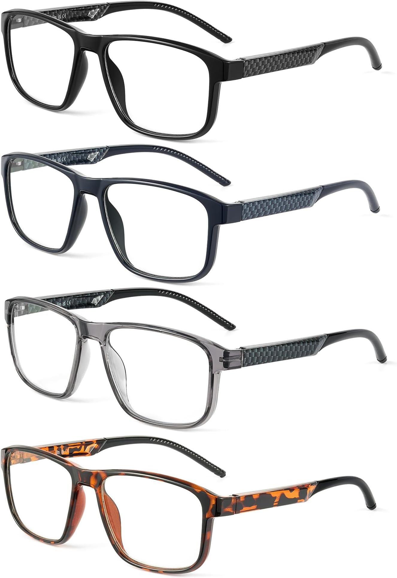 Mens Reading Glasses with Spring Hinge, Rectangular Classic Computer Blue Light Glasses for Men 4 Packs