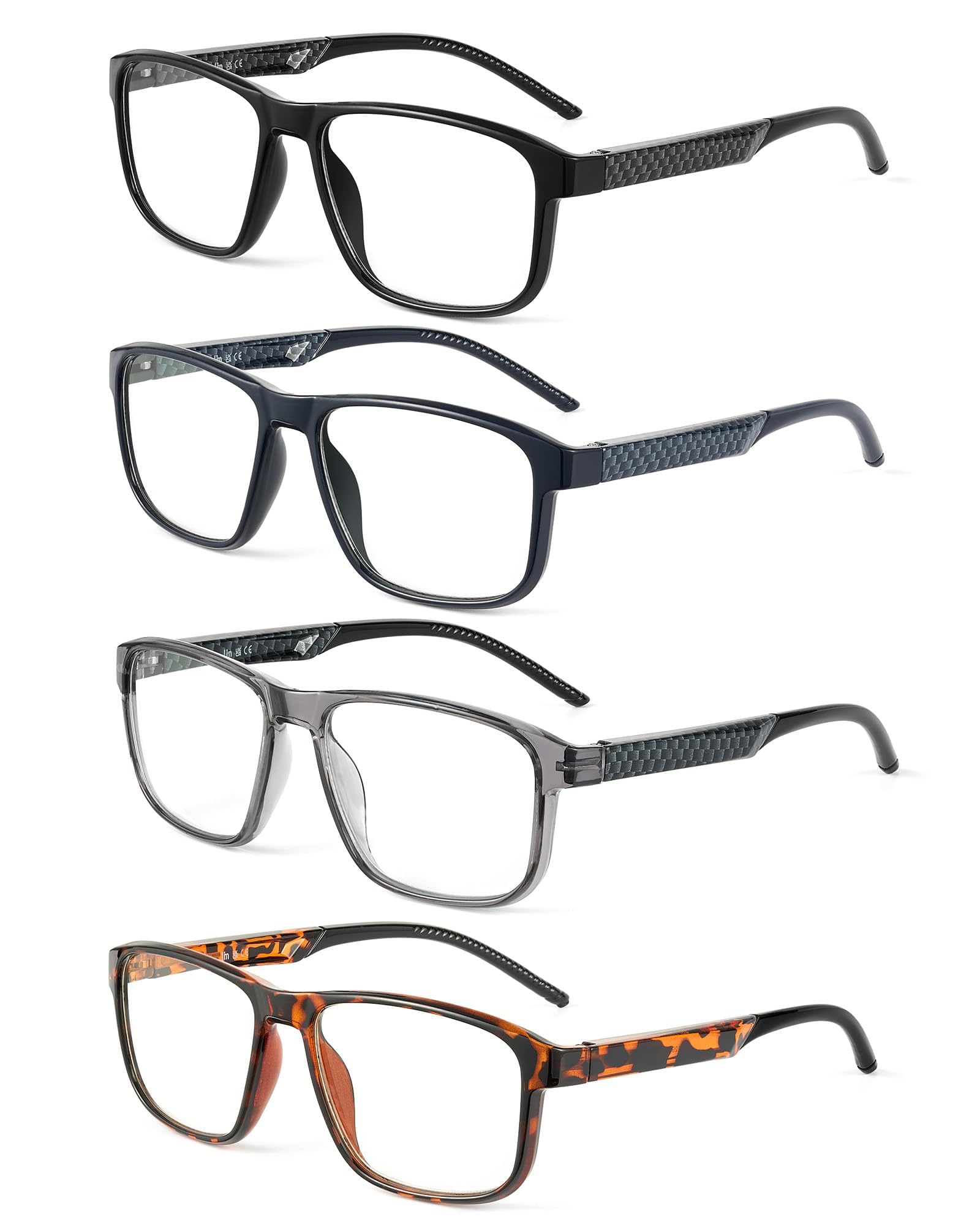 JM Mens Reading Glasses with Spring Hinge, Rectangular Classic Computer Blue Light Glasses for Men 4 Packs
