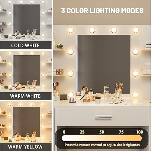 Miniatura 3 de Furmax Escritorio de tocador con espejo, luces LED y toma de corriente, mesa de tocador de maquillaje con 7 cajones y 6 estantes de almacenamiento,