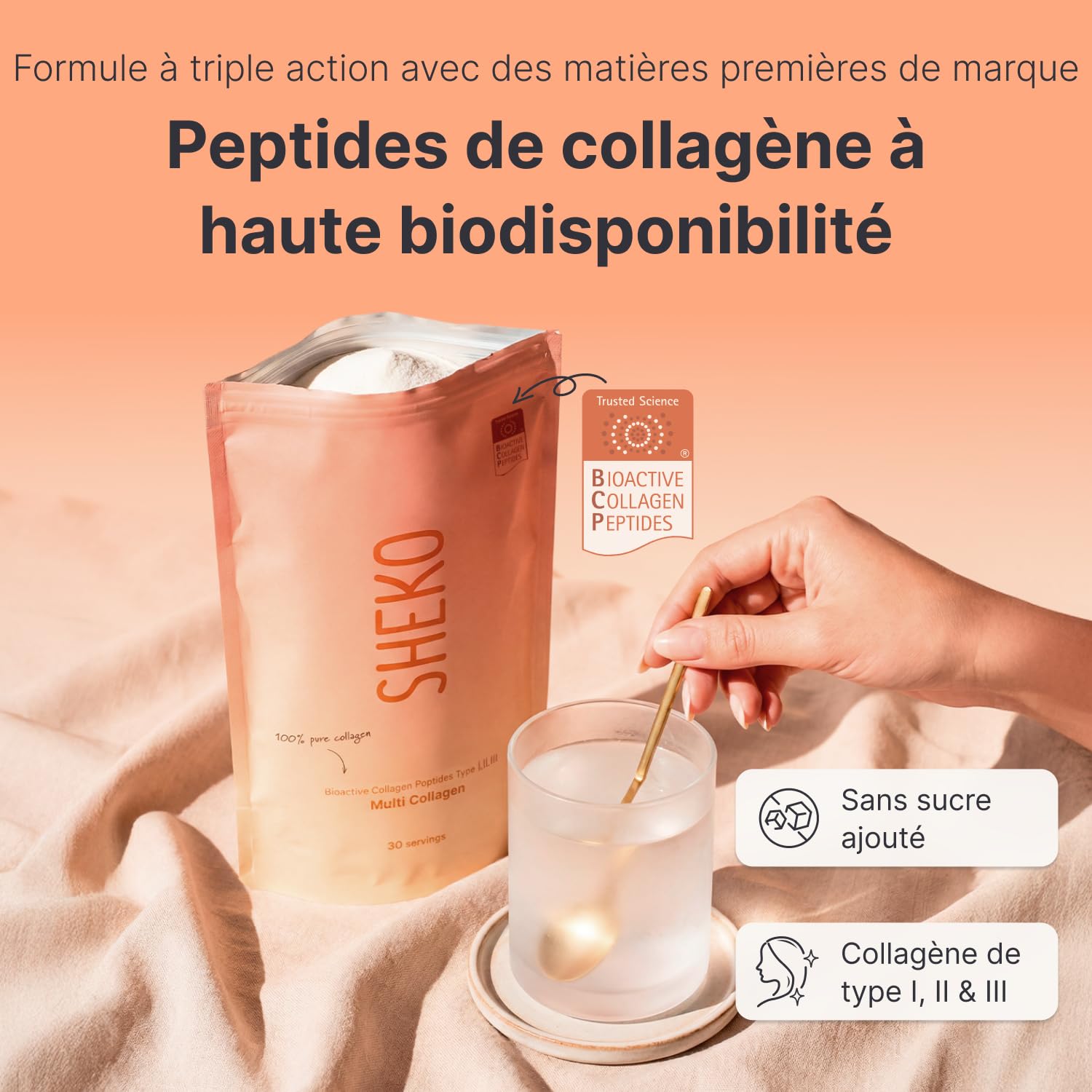SHEKO Collagène Hydrolysé en Poudre - Bovin Type 1, 2, 3-3x 450 g | Peptides de collagène bovin · Saveur neutre et haute solubilité · Sans additifs ni lactose · 3x 450 g · Fabriqué en Allemagne