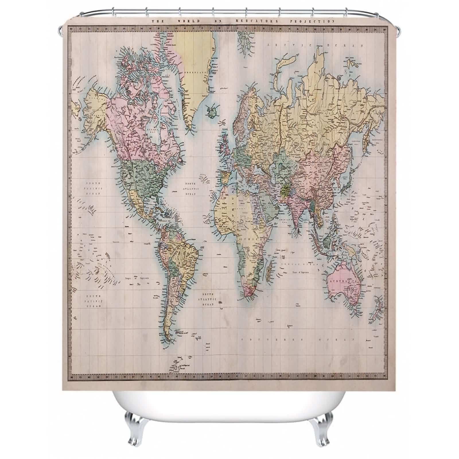Rideau de douche multicolore en textile étanche motif mappemonde lavable pour baignoire