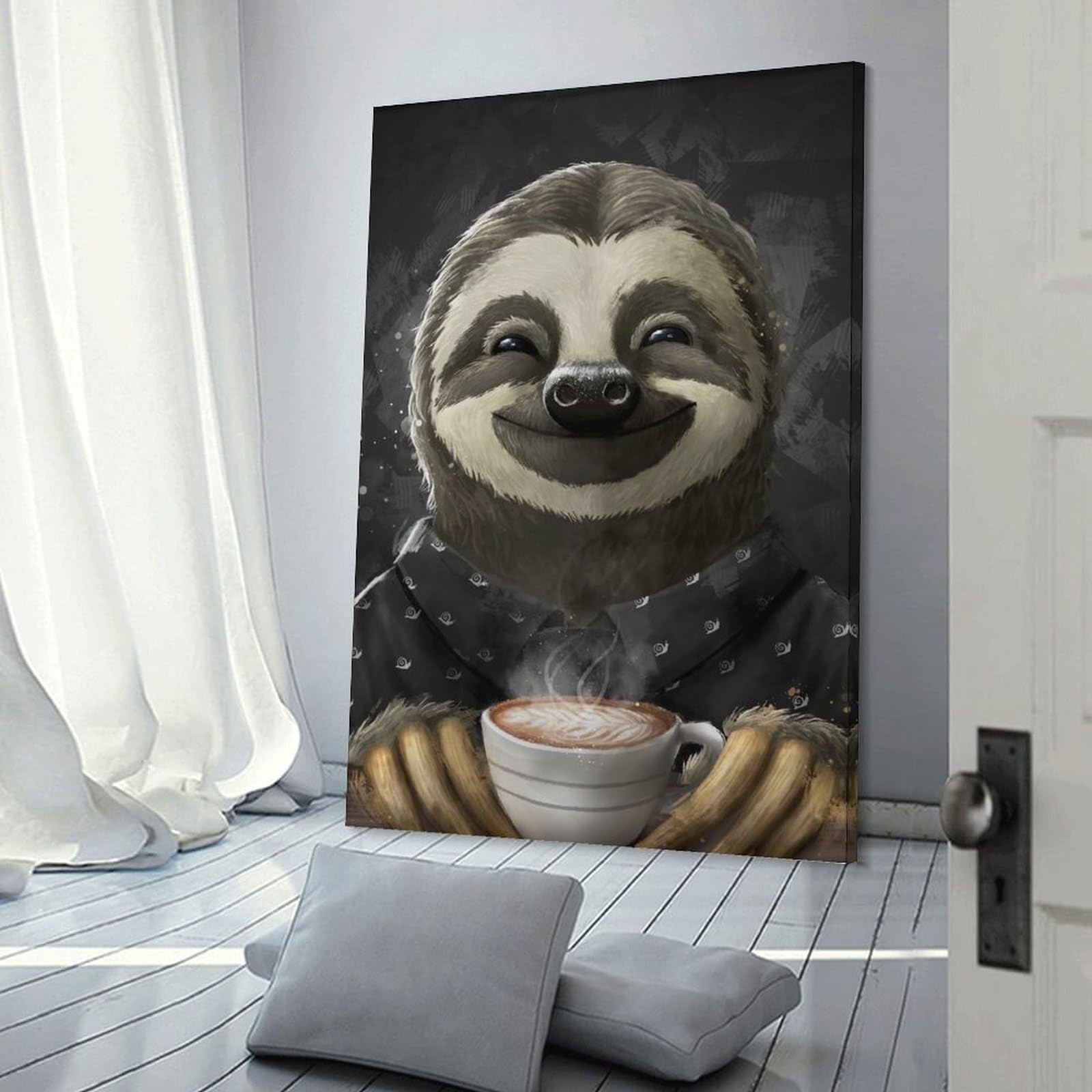 Junmoney Morning Sloth Coffee Black Wall Art Print, 24x36inch(60x90cm), for Bedroom Decor, Cosy Corners Or Studios, Decorative Wall Art for Cosy Rooms