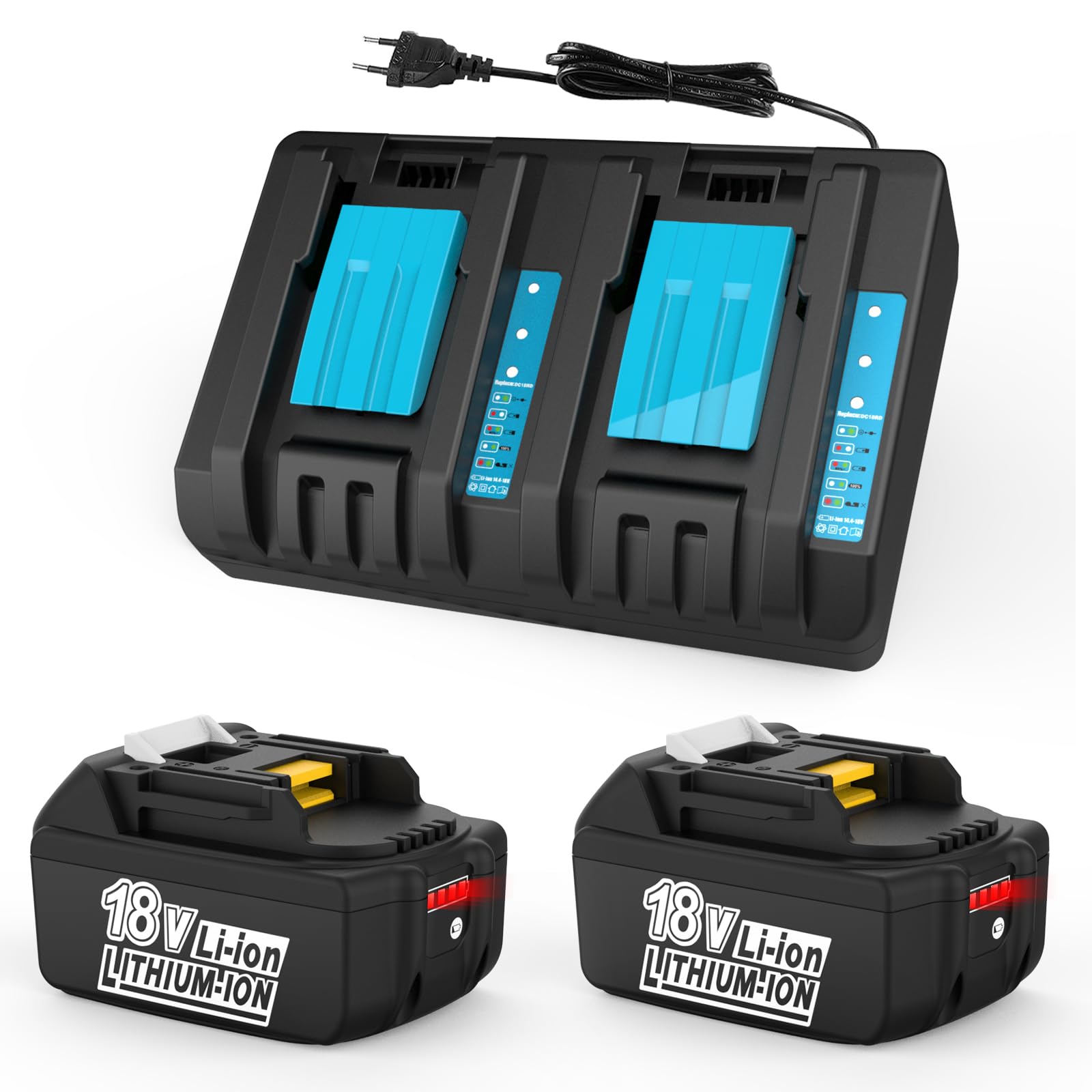 2 baterías de 18 V y 5,5 Ah con Cargador para Makita 18V | Compatible con BL1860, BL1850B, BL1850, BL1840 y BL1830 con cargador de doble puerto DC18RD