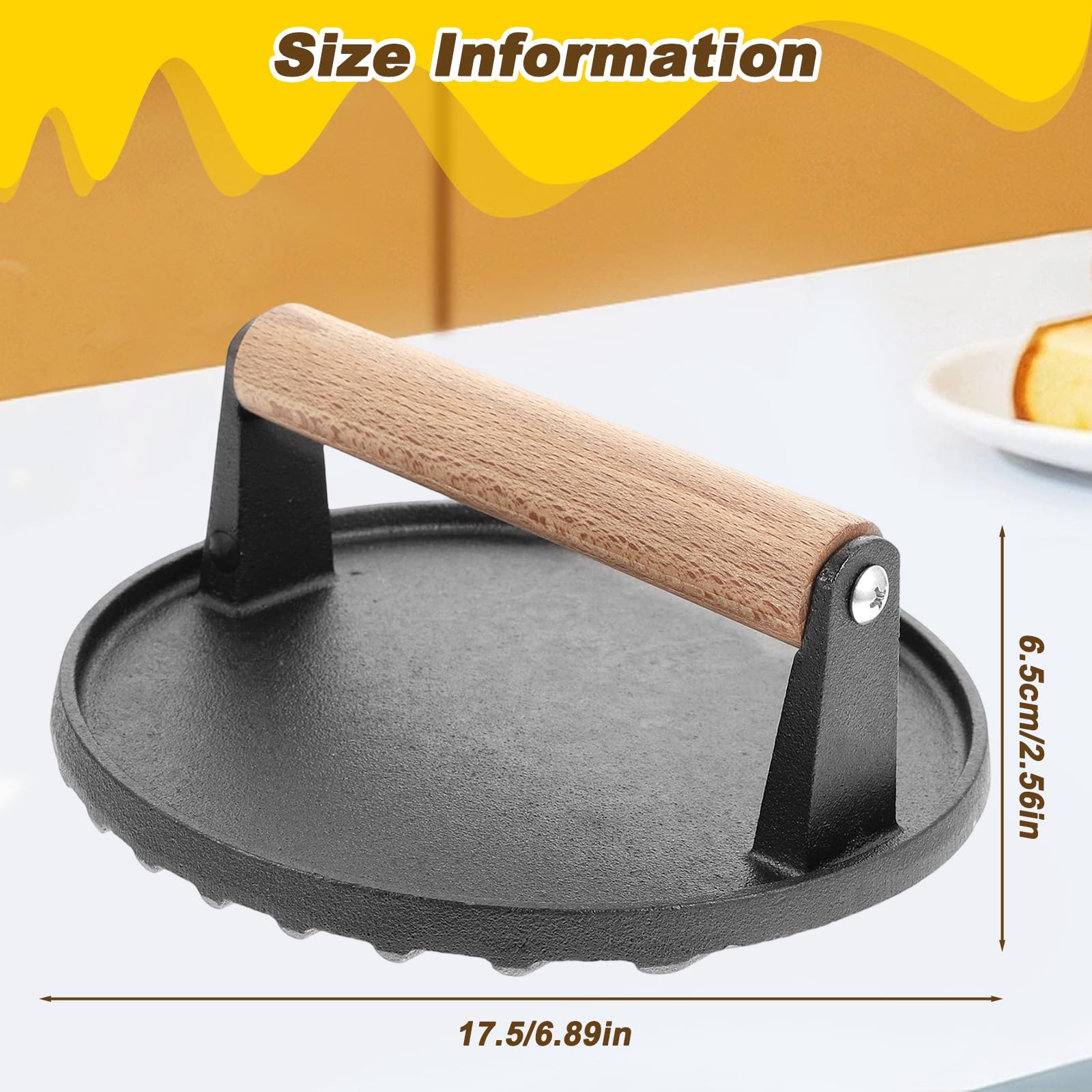Presse Burger en Fonte, Smash Burger, Presse à Hamburger Ronde en Fonte Robuste de 6,89 Pouces avec poignée en Bois, Presse à galettes pour Barbecue Bacon Steak Grill ou Plaque chauffante