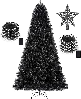 KTKDE 7.5ft Black Christmas Tree Artificial Halloween Tree Decorations with 1,450 Tips-1pcs Treetop Star 2 Set 200 Led String Lights, Pencil Christmas Tree Indoor Holiday Party Decorations