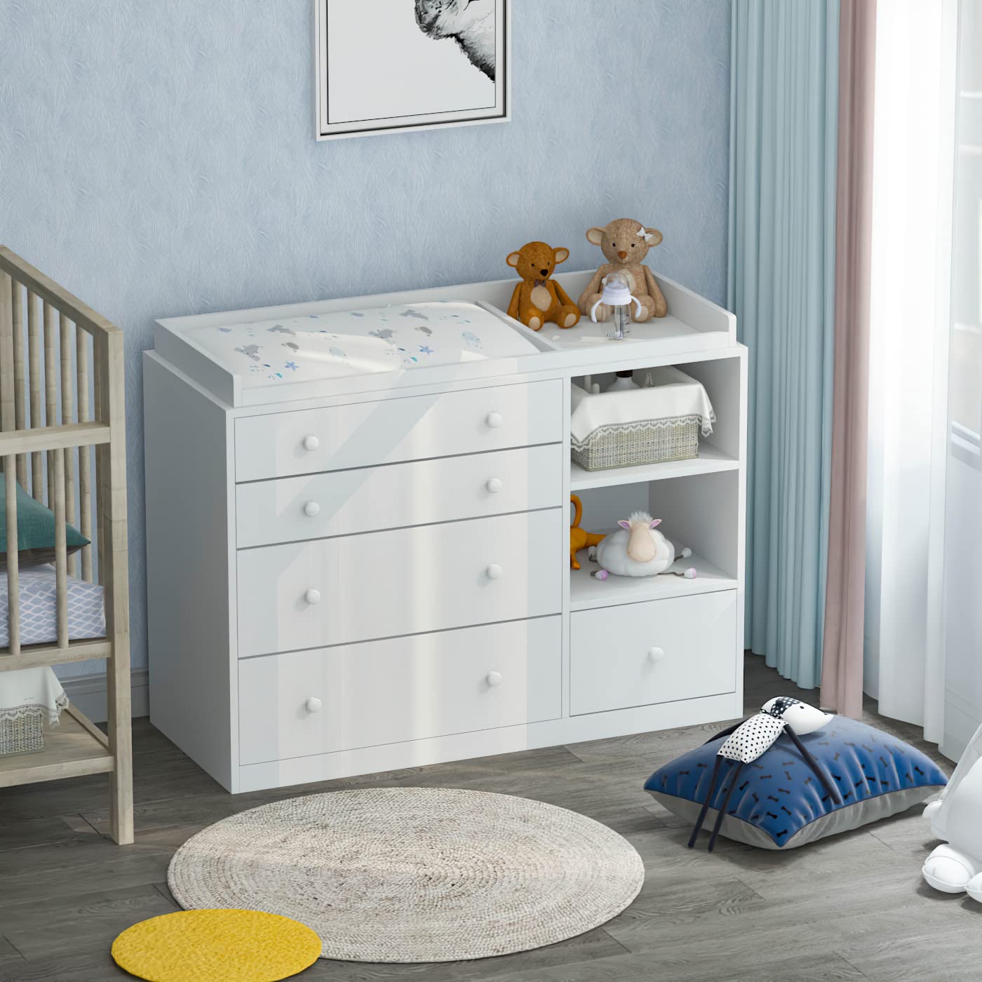 Wickeltisch, Wickelkommode, Wickelregal mit 5 Schubladen, Babykommode, Babypflege, Babymöbel, Wickeltische für Babyzimmer, Schlafzimmer, weiß, MDF