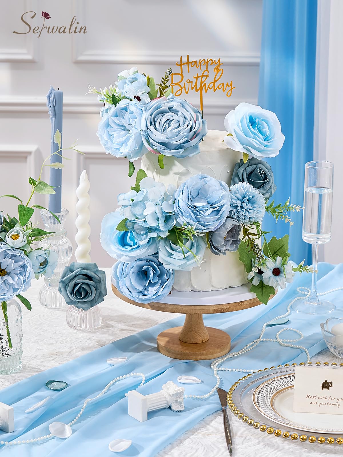 Serwalin Fleurs artificielles bleues en soie