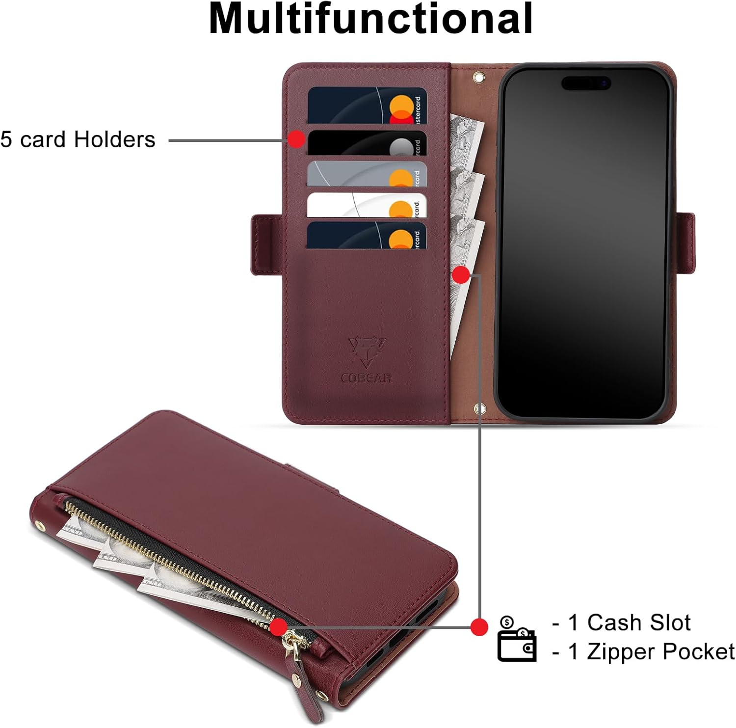 COBEAR for iPhone 17 Pro Case Wallet, Pu Leather Flip Phone Case with Wrist Strap, Zipper Pocket, Kickstand, Women Men Phone Wallet Case with Card Holder for iPhone 17 Pro,Wine Red - Image 3